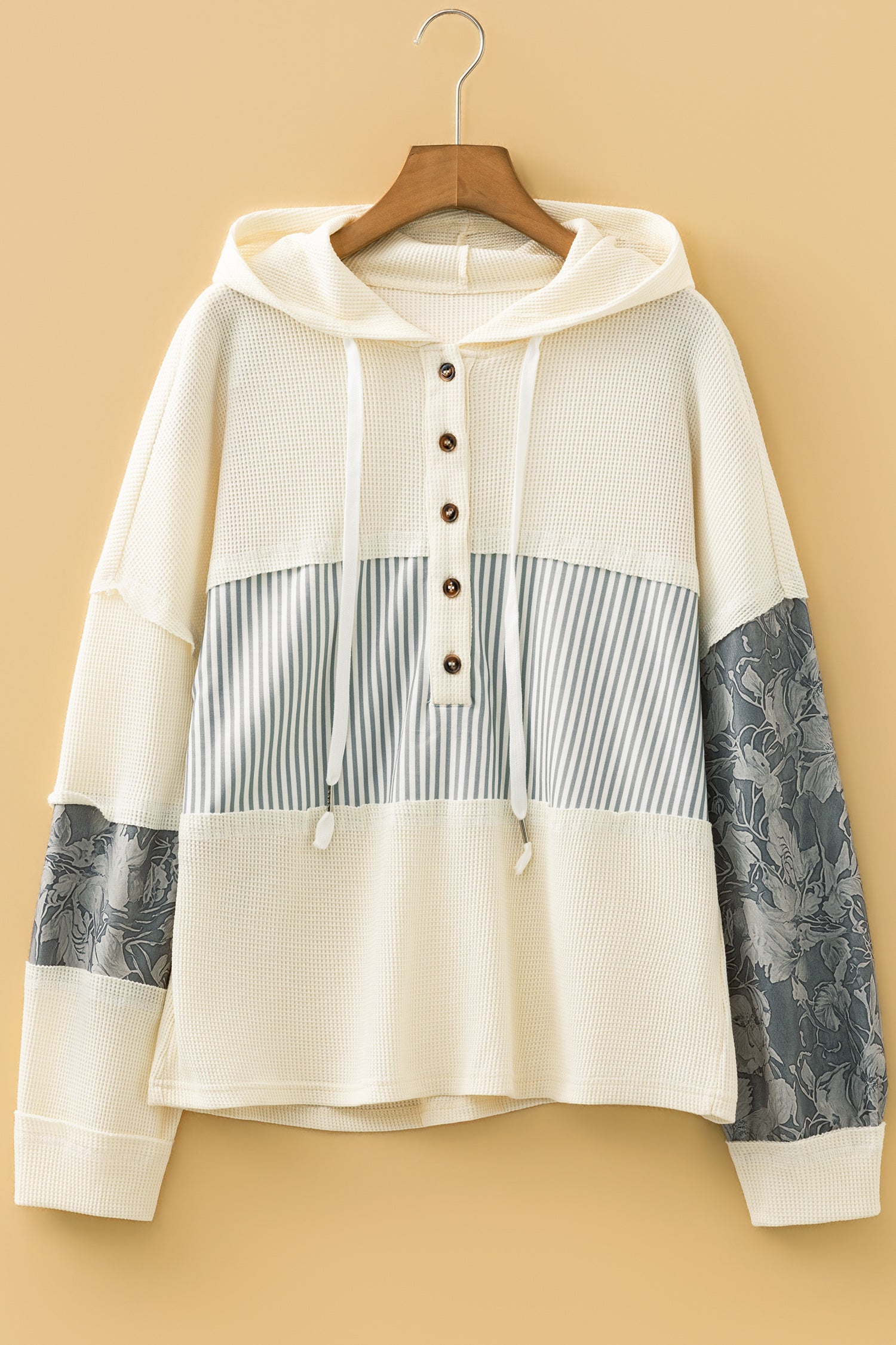 White Waffle Printed Patchwork Drawstring Hooded Long Sleeve Top-Tops/Long Sleeve Tops-[Adult]-[Female]-2022 Online Blue Zone Planet