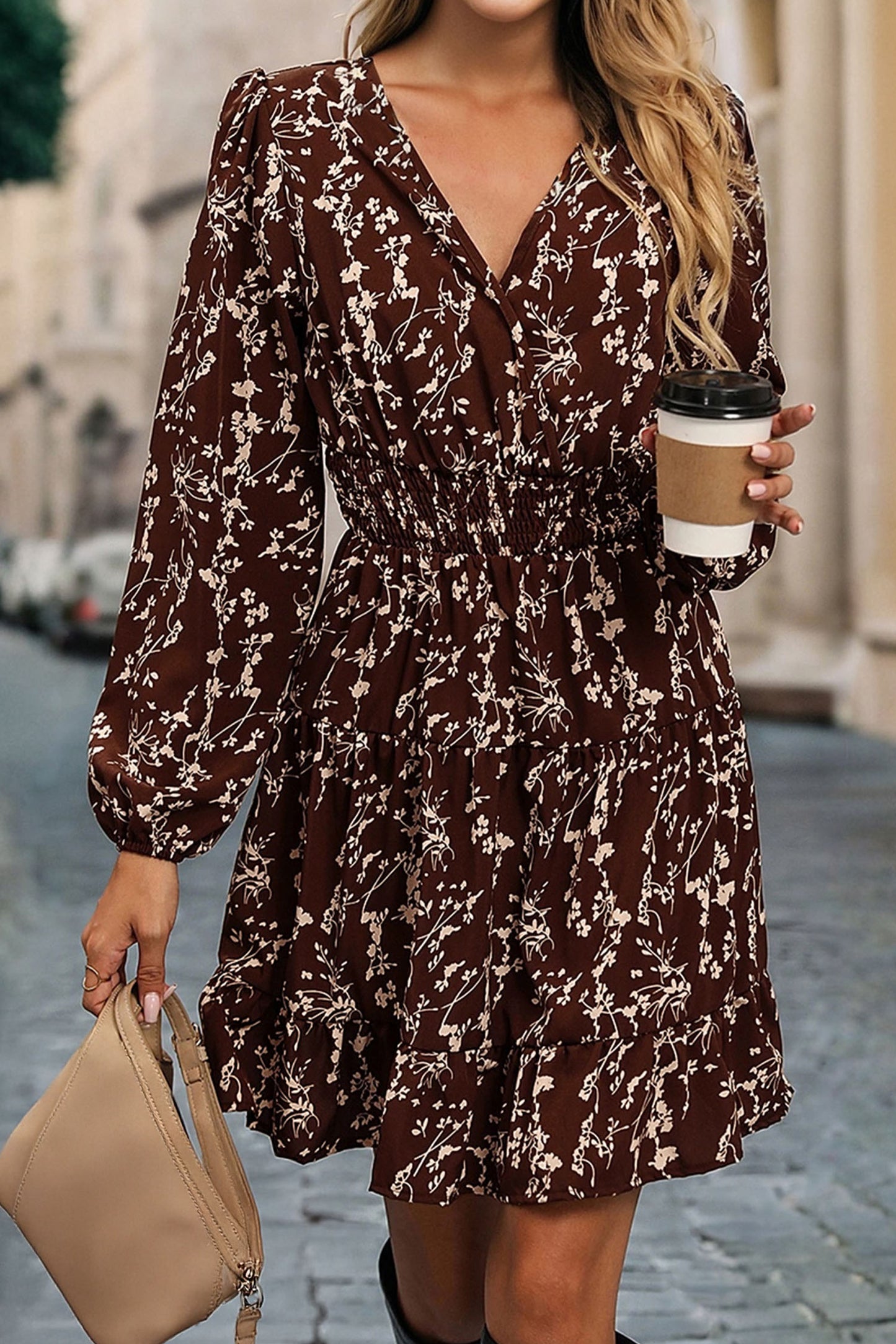 Brown Ditsy Floral Print Split Neck Long Sleeve Shirred Waist Flared Mini Dress-TOPS / DRESSES-[Adult]-[Female]-2022 Online Blue Zone Planet