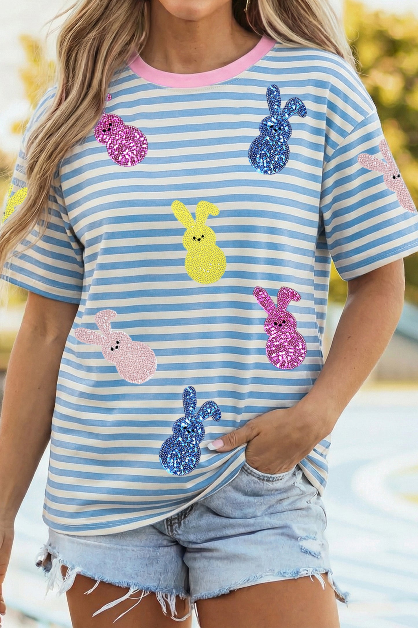 Sky Blue Stripe Sequin Easter Bunny Patched Drop Shoulder Tee-Graphic/Graphic Tees-[Adult]-[Female]-2022 Online Blue Zone Planet