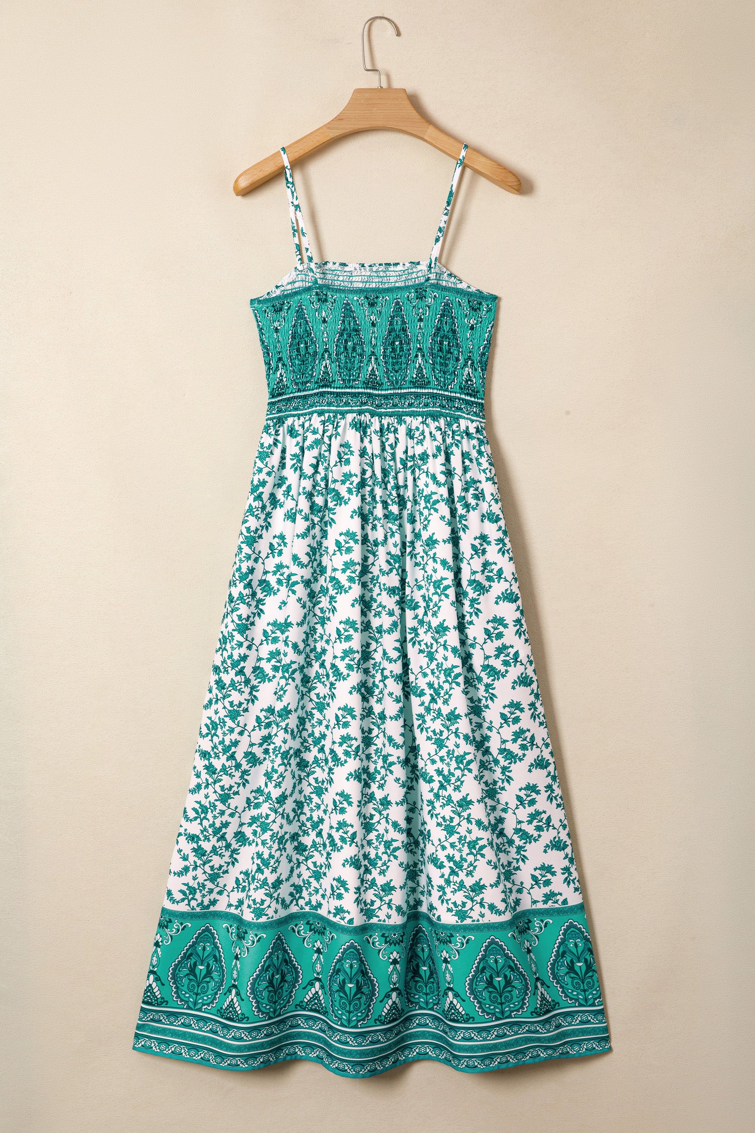 Green Boho Floral Print Shirred Cami Maxi Dress-TOPS / DRESSES-[Adult]-[Female]-2022 Online Blue Zone Planet