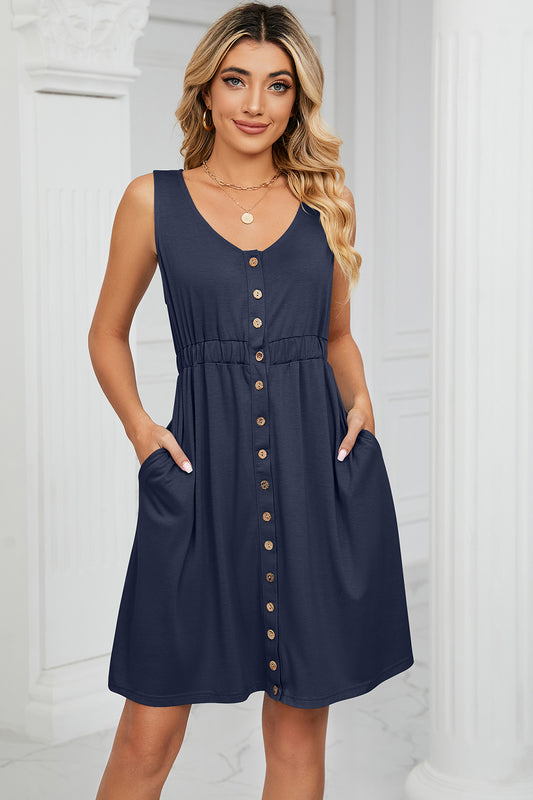 Buttoned Wide Strap Mini Dress-TOPS / DRESSES-[Adult]-[Female]-Dark Blue-S-2022 Online Blue Zone Planet