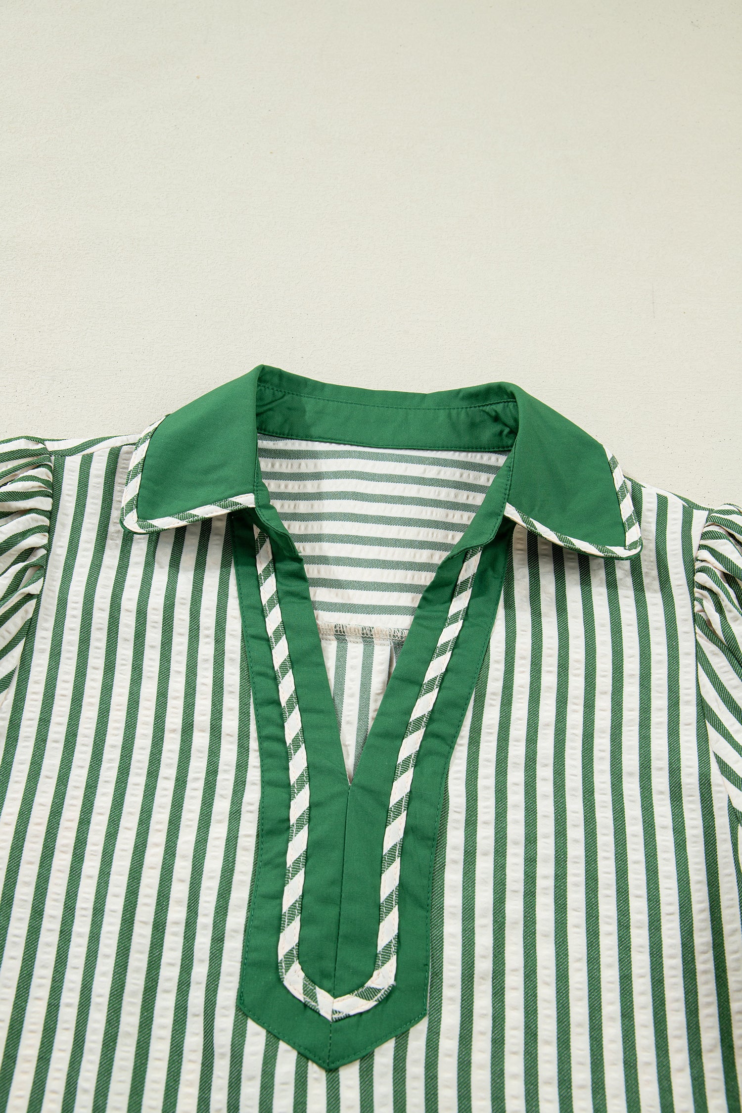 Green Stripe Collared Split Neck Short Bubble Sleeve Blouse-Tops/Blouses & Shirts-[Adult]-[Female]-2022 Online Blue Zone Planet
