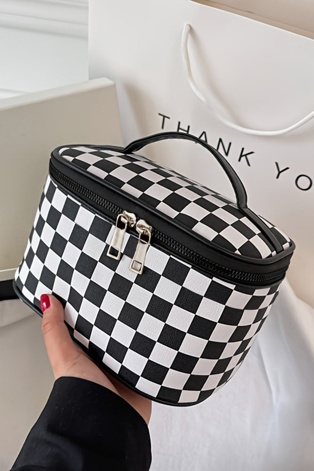 Black Checkered Zipper Large Cosmetic Bag with Handle-Bags-[Adult]-[Female]-Black-ONE SIZE-2022 Online Blue Zone Planet