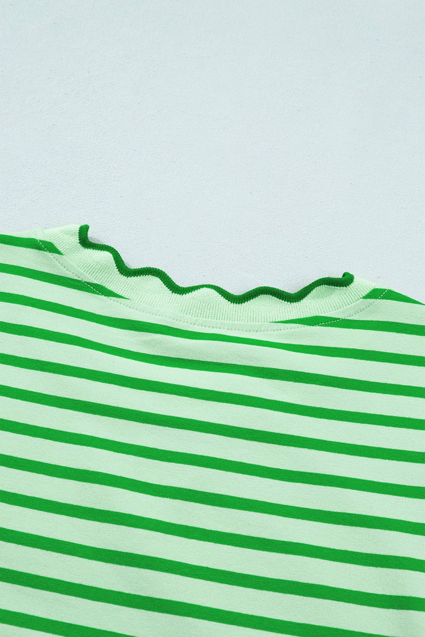 Green Stripe Scalloped Trim Round Neck T Shirt-Tops/Tops & Tees-[Adult]-[Female]-2022 Online Blue Zone Planet
