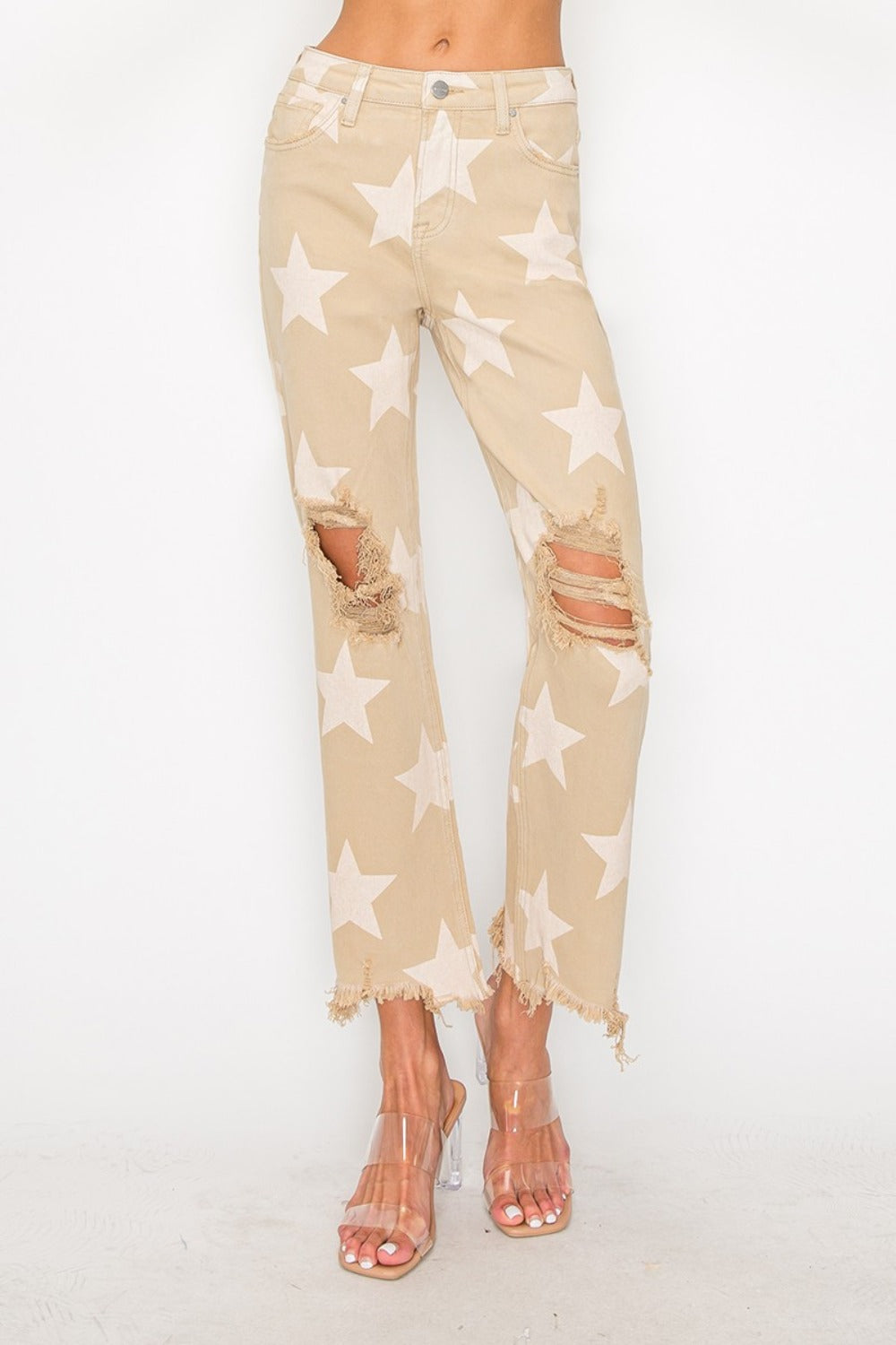 RISEN Full Size High Rise Star Printed Frayed Hem Jeans-BOTTOMS SIZES SMALL MEDIUM LARGE-[Adult]-[Female]-2022 Online Blue Zone Planet