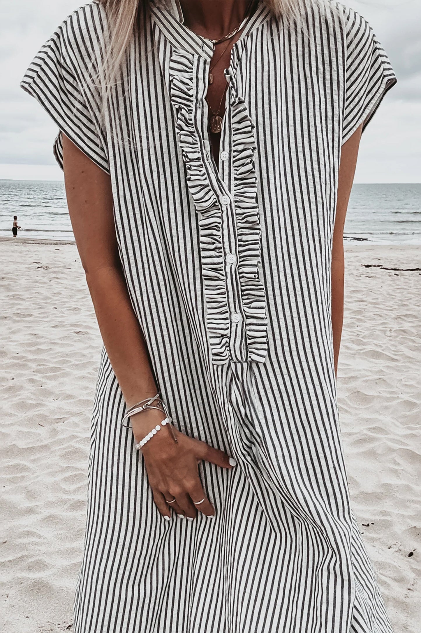 Red Stripe Frilled Detail Half Buttons Short Sleeve Long Dress-Dresses/Maxi Dresses-[Adult]-[Female]-2022 Online Blue Zone Planet