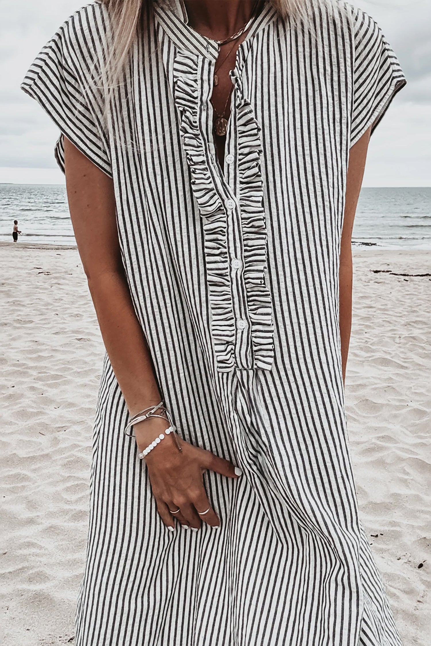 Red Stripe Frilled Detail Half Buttons Short Sleeve Long Dress-Dresses/Maxi Dresses-[Adult]-[Female]-2022 Online Blue Zone Planet