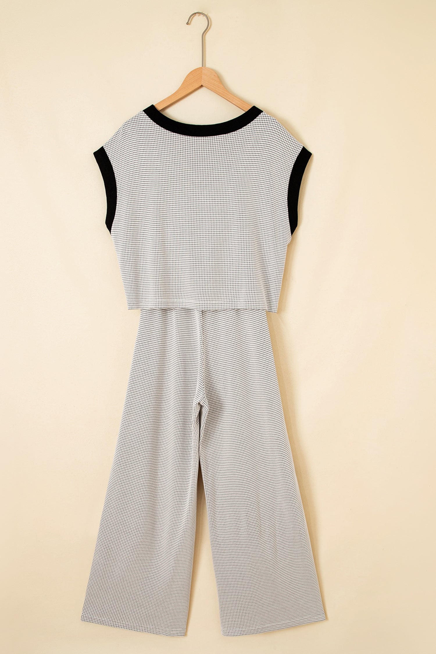 Beige Stylish Knit Lace Colorblock Trim V Neck Tank Drawstring Wide Leg Pants Set-Two Piece Sets/Pant Sets-[Adult]-[Female]-2022 Online Blue Zone Planet