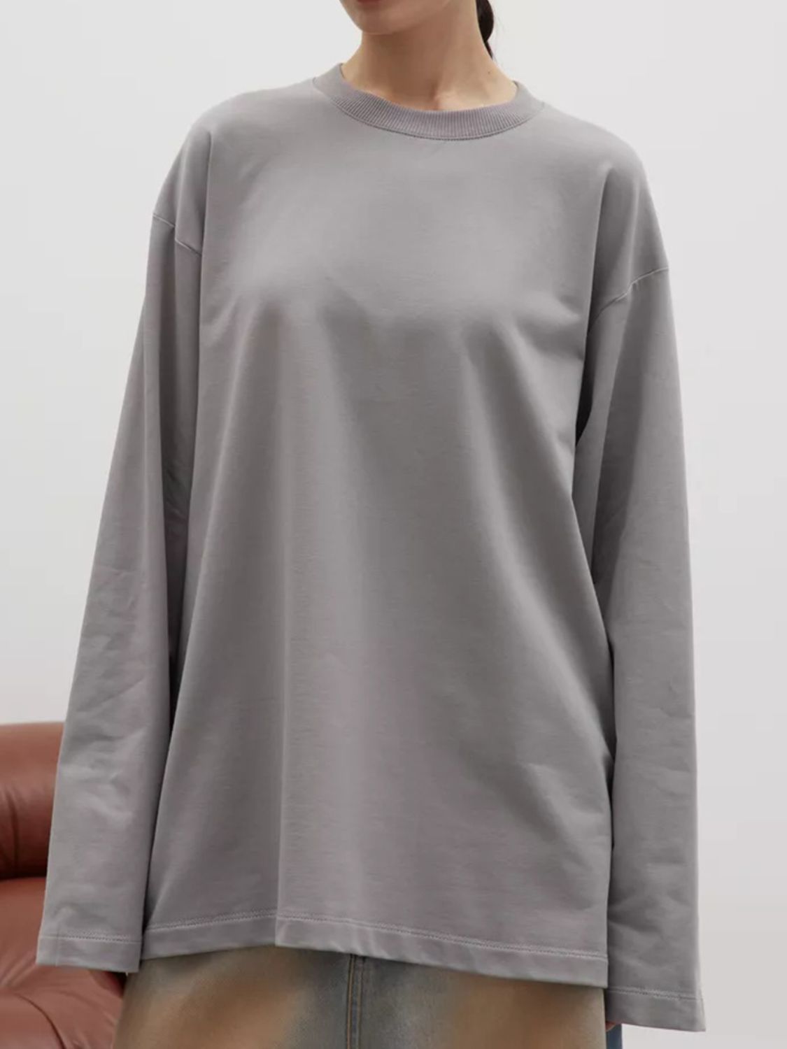 Round Neck Dropped Shoulder Long Sleeve T-Shirt-TOPS / DRESSES-[Adult]-[Female]-2022 Online Blue Zone Planet