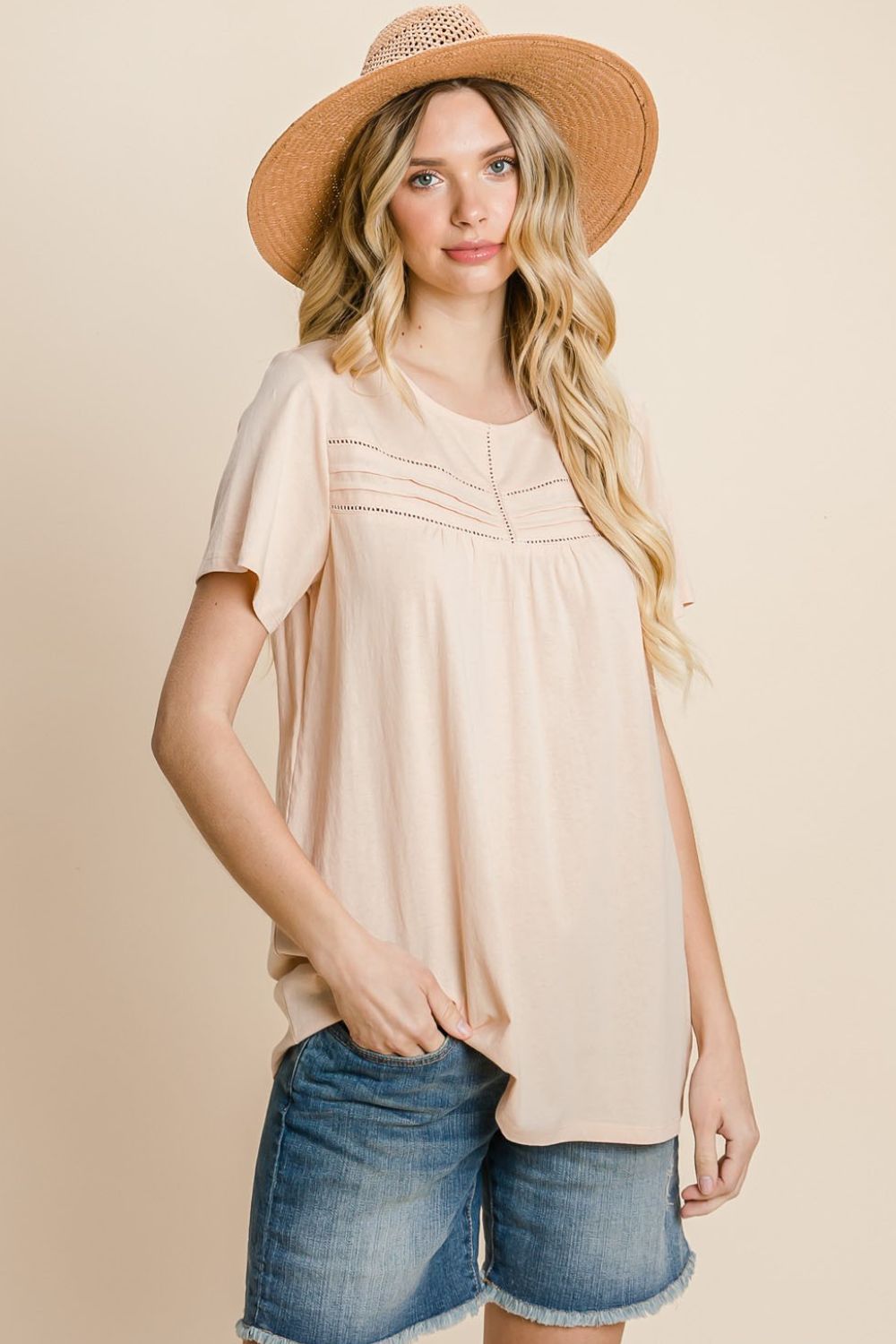 Blue Zone Planet | Cotton Bleu by Nu Label Eyelet Round Neck Short Sleeve T-Shirt-TOPS / DRESSES-[Adult]-[Female]-Peach-S-2022 Online Blue Zone Planet