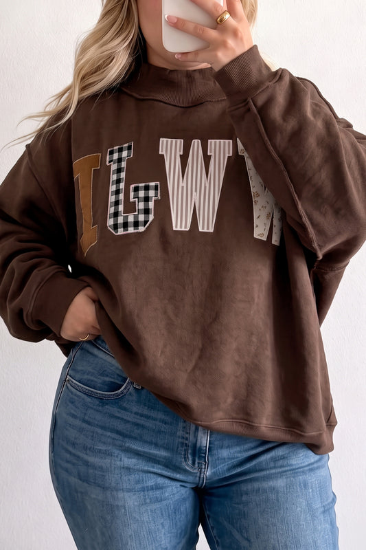 Coffee WWJD Mix Pattern Letter Graphic Exposed Seam Loose Plus Size Sweatshirt-Plus Size/Plus Size Sweatshirts & Hoodies-[Adult]-[Female]-Coffee-1X-2022 Online Blue Zone Planet