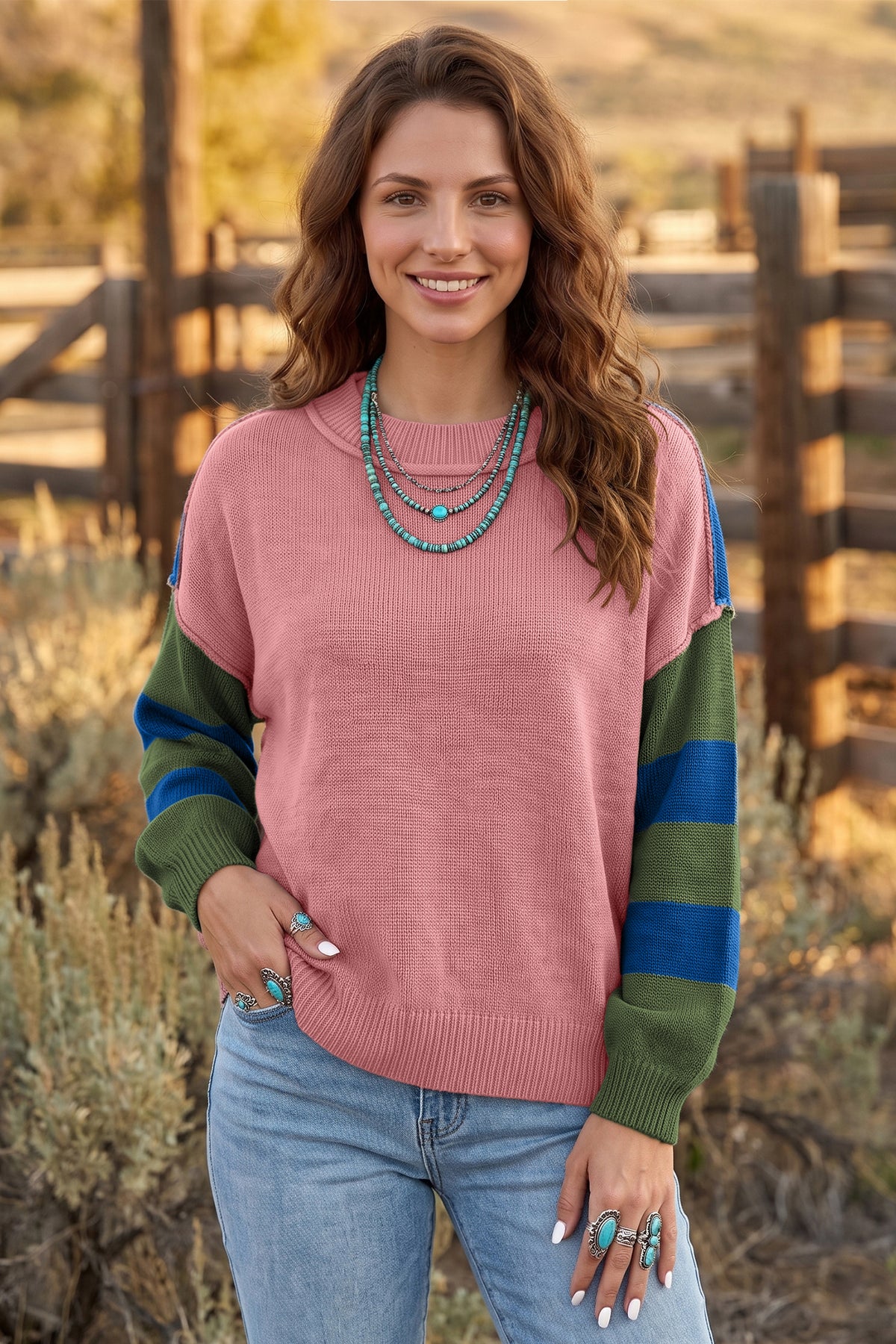 Multicolour Western Colorblock Patchwork Striped Long Sleeve Pullover Sweater-Sweaters & Cardigans/Sweaters-[Adult]-[Female]-2022 Online Blue Zone Planet