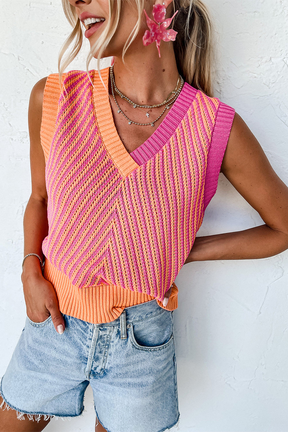 Light Pink Contrast Chevron Knit V Neck Sweater Vest-Sweaters & Cardigans/Sweater Vests-[Adult]-[Female]-2022 Online Blue Zone Planet