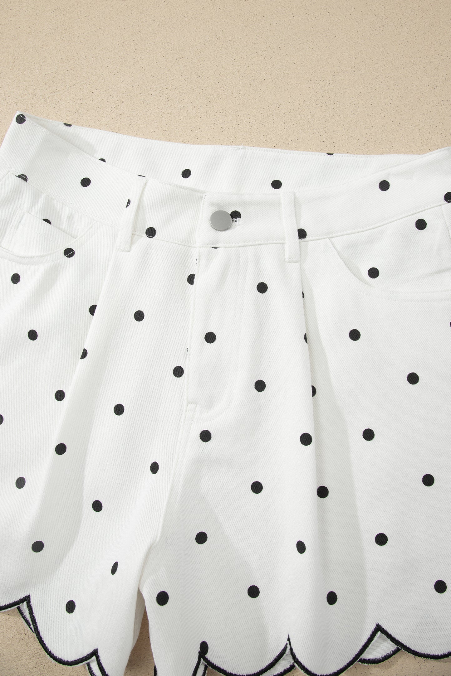 White Polka Dot Print Embroidered Scallop Hem Shorts-Bottoms/Casual Shorts-[Adult]-[Female]-2022 Online Blue Zone Planet