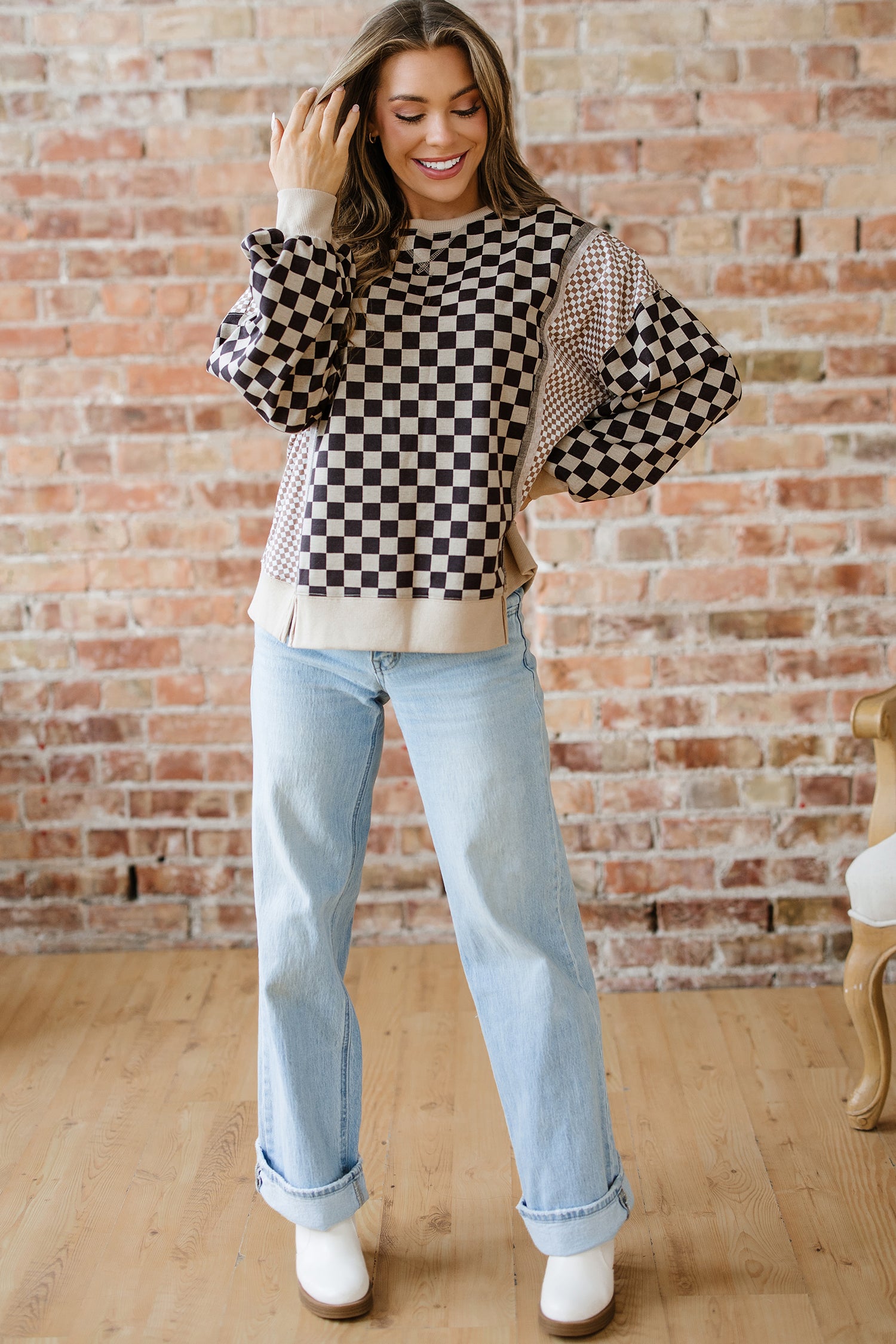 Khaki Mixed Checkered Pattern Patchwork High Low Casual Top-Tops/Long Sleeve Tops-[Adult]-[Female]-2022 Online Blue Zone Planet