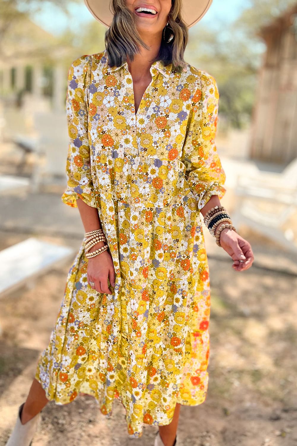 Blue Zone Planet | Multicolor Boho Floral Collared Long Sleeve Ruffled Dress-TOPS / DRESSES-[Adult]-[Female]-Yellow-S-2022 Online Blue Zone Planet