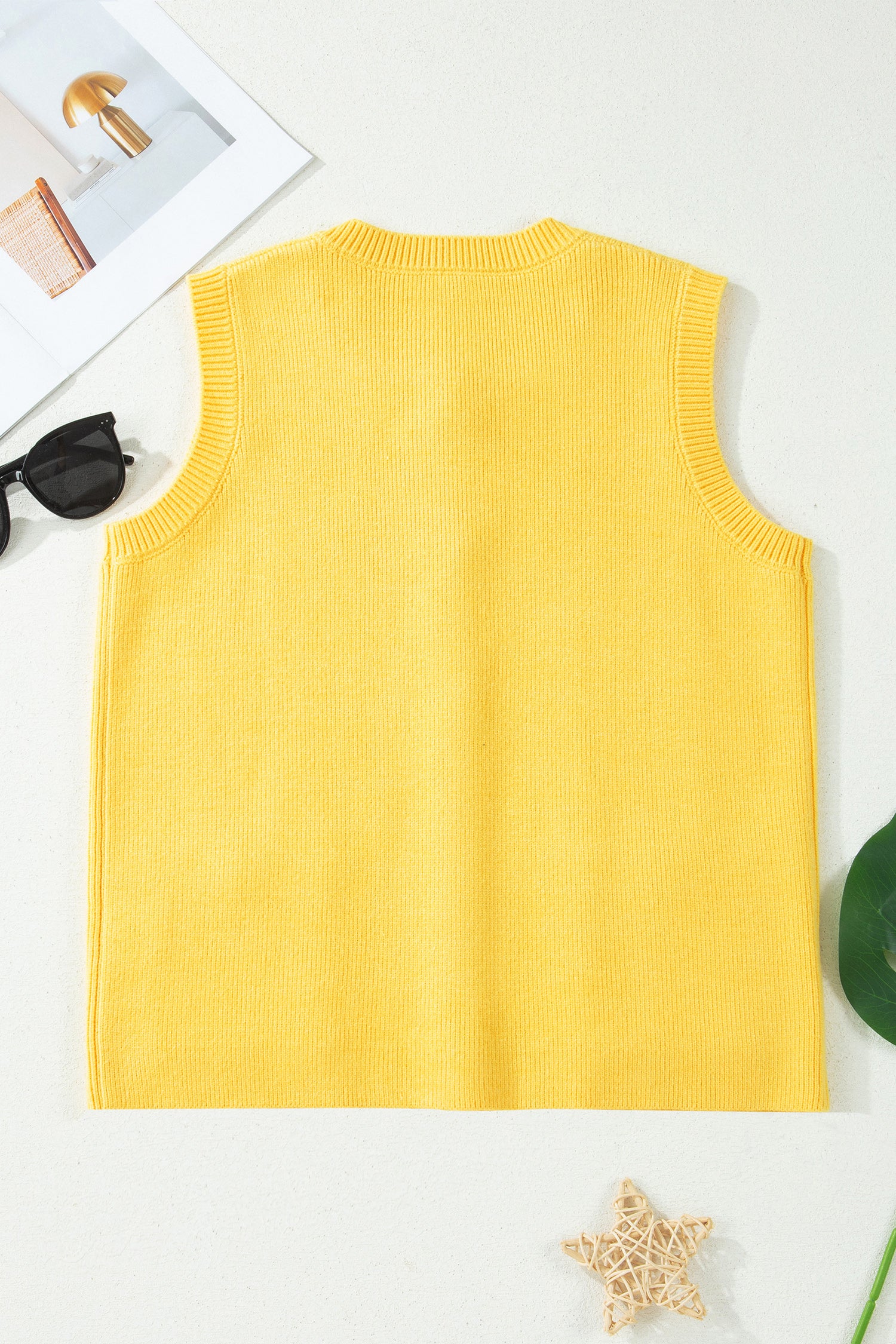 Yellow Cream Solid Color Sleeveless Knit Button Pocketed Sweater-Sweaters & Cardigans/Sweater Vests-[Adult]-[Female]-2022 Online Blue Zone Planet