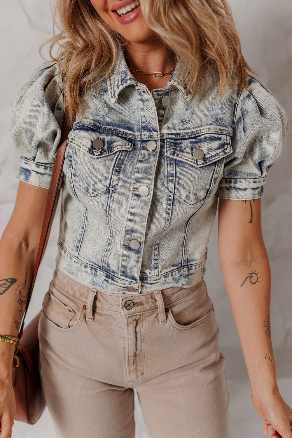 Beau Blue Light Wash Buttoned Chest Pocket Puff Sleeve Denim Jacket-Outerwear/Denim jackets-[Adult]-[Female]-Beau Blue-S-2022 Online Blue Zone Planet