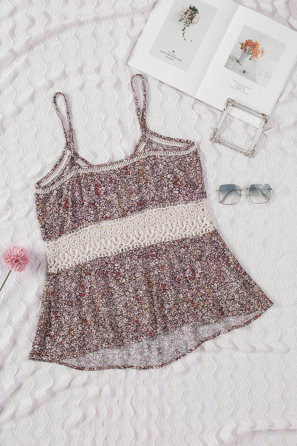Multicolor Floral Print Lace Crochet Spaghetti Strap Tank Top-Tops/Tank Tops-[Adult]-[Female]-2022 Online Blue Zone Planet