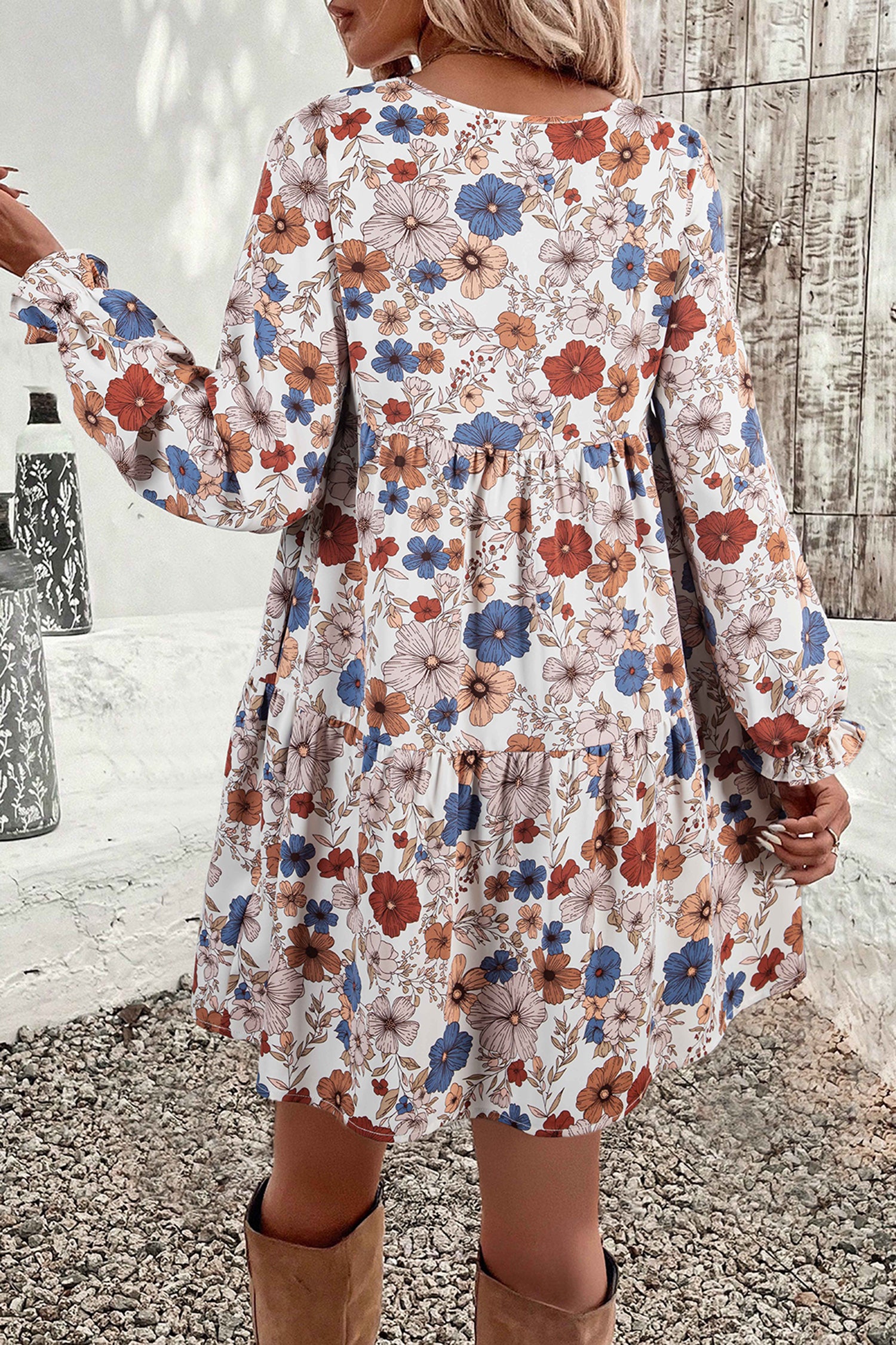 Khaki Tiered Floral Round Neck Ruffled Long Sleeve Dress-TOPS / DRESSES-[Adult]-[Female]-2022 Online Blue Zone Planet