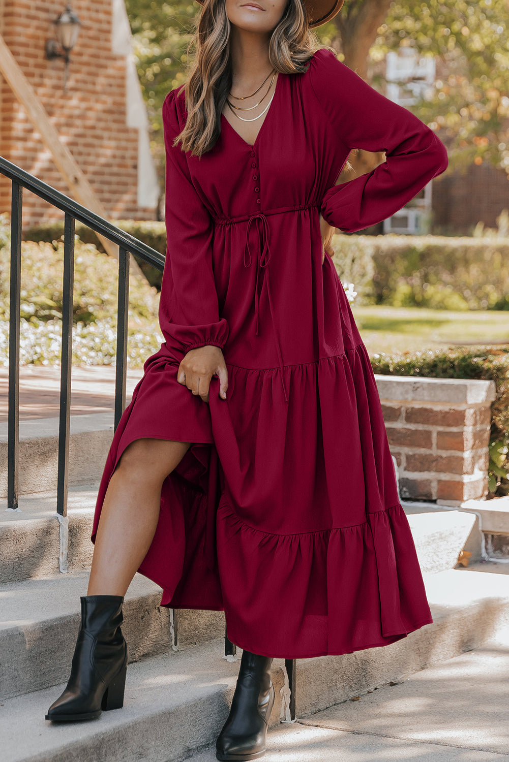 Burgundy Solid Long Sleeve Button V Neck Tiered Maxi Dress