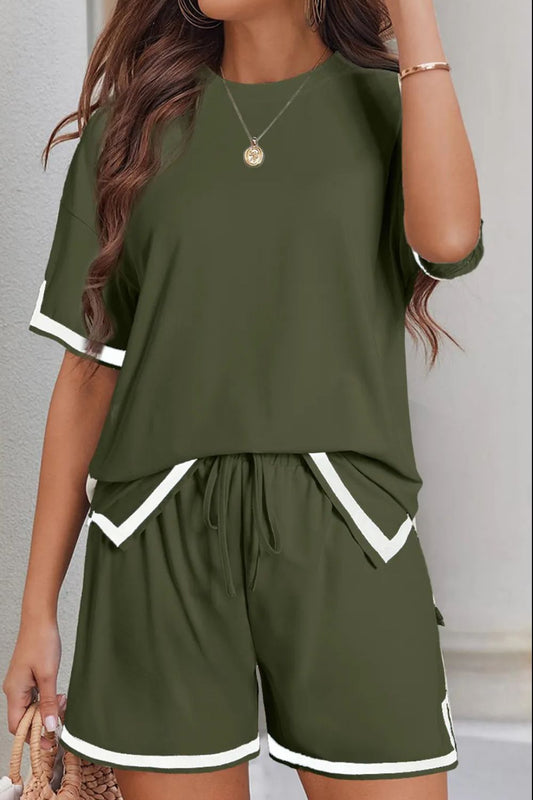 Blue Zone Planet | Round Neck Half Sleeve Top and Shorts Set-TOPS / DRESSES-[Adult]-[Female]-Army Green-S-2022 Online Blue Zone Planet