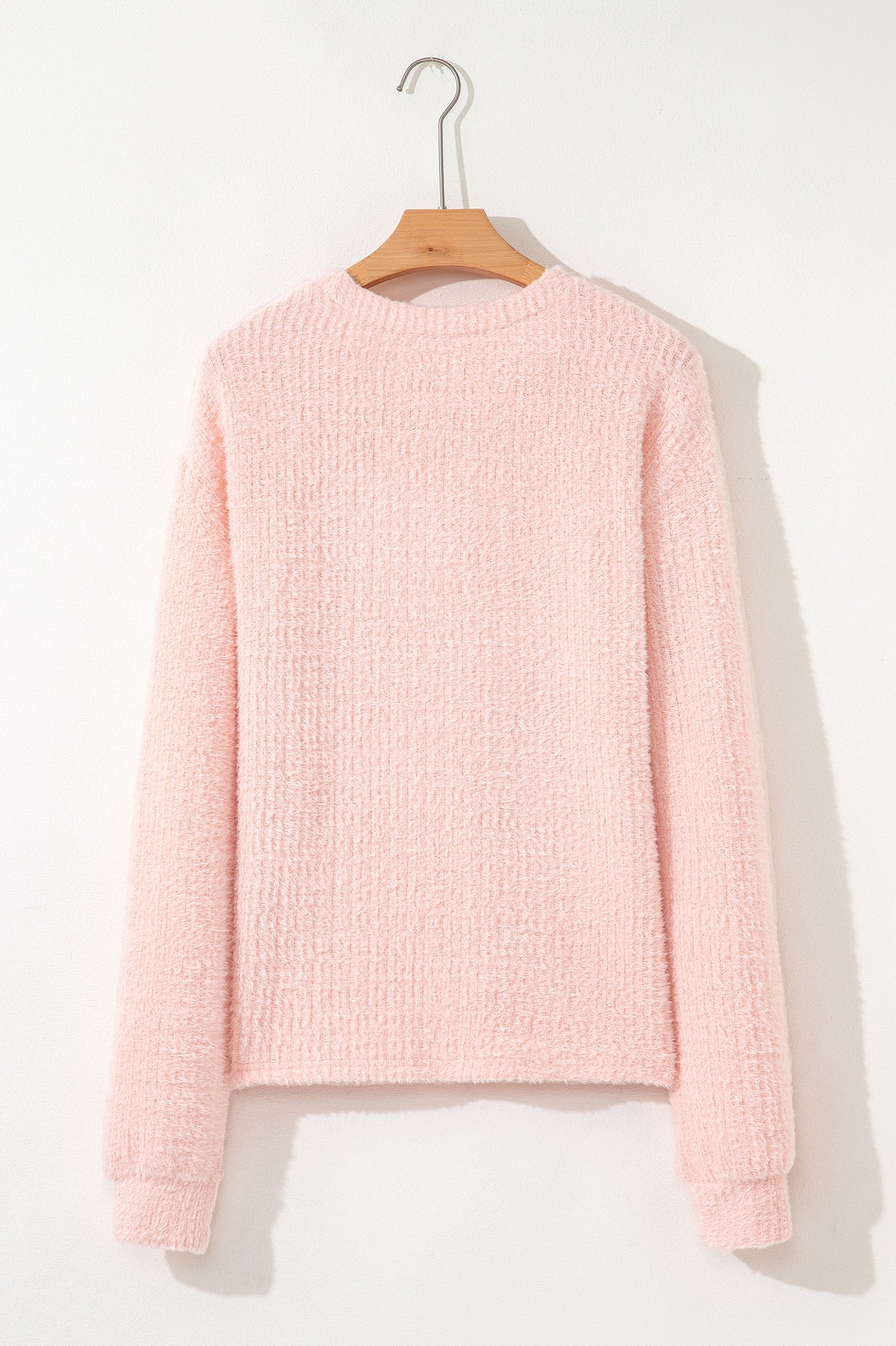 Light Pink Fuzzy Ribbed Texture Round Neck Long Sleeve Top-Tops/Long Sleeve Tops-[Adult]-[Female]-2022 Online Blue Zone Planet