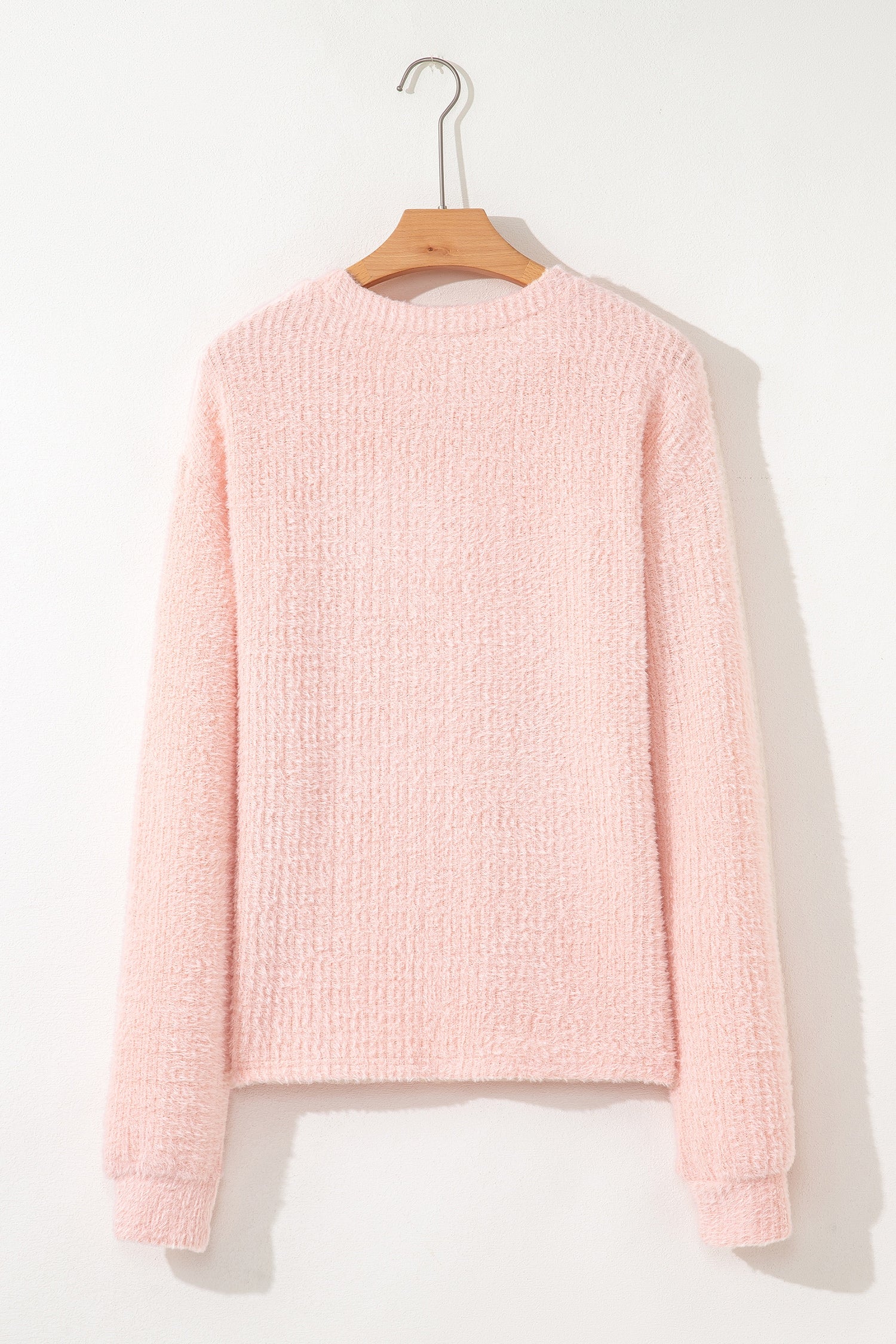 Light Pink Fuzzy Ribbed Texture Round Neck Long Sleeve Top-Tops/Long Sleeve Tops-[Adult]-[Female]-2022 Online Blue Zone Planet