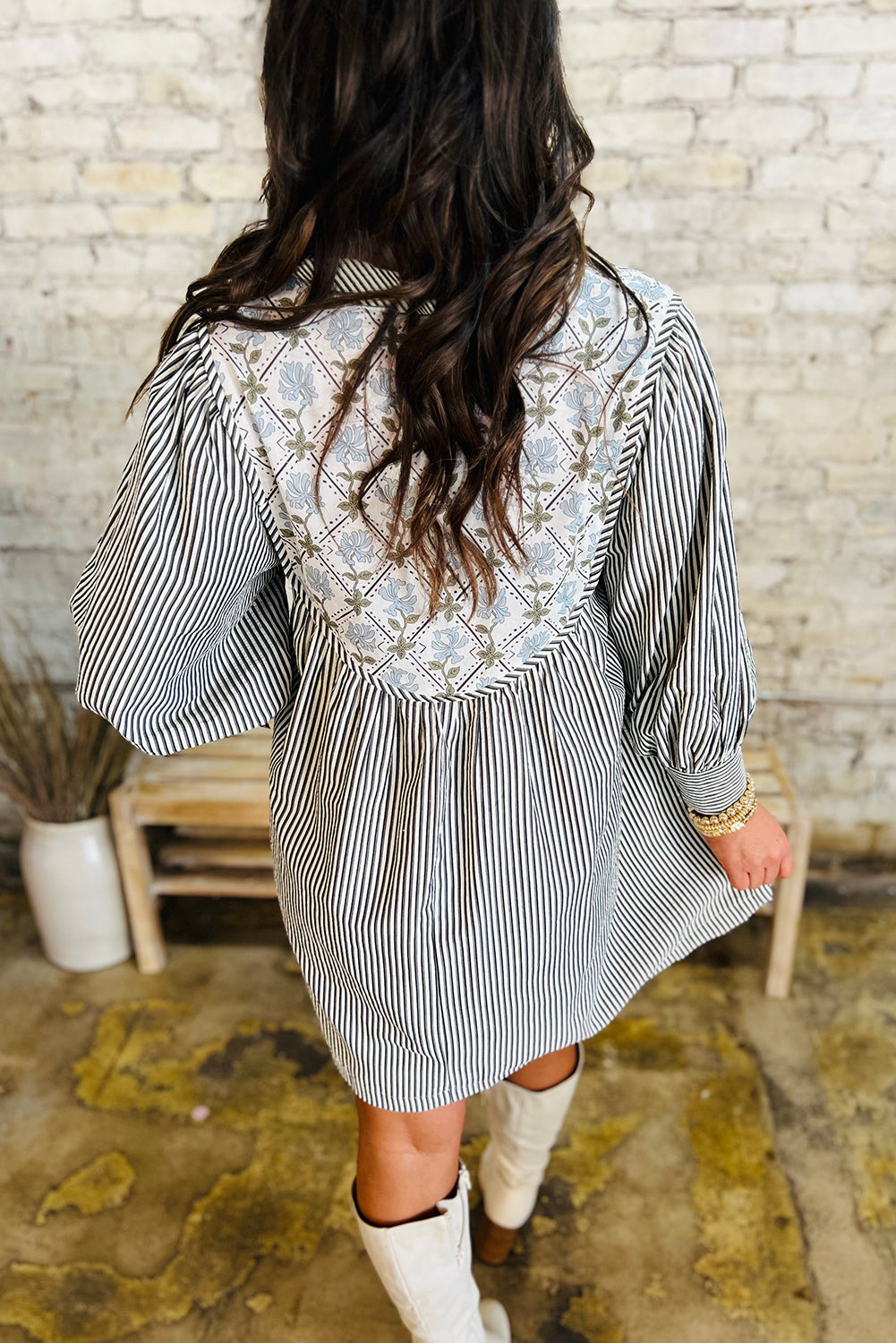 Black Stripe Floral Patchwork Long Sleeve Tie V Neck Mini Dress Black Stripe / L Black Stripe Floral Patchwork Long Sleeve Tie V Neck Mini Dress Black Stripe / L