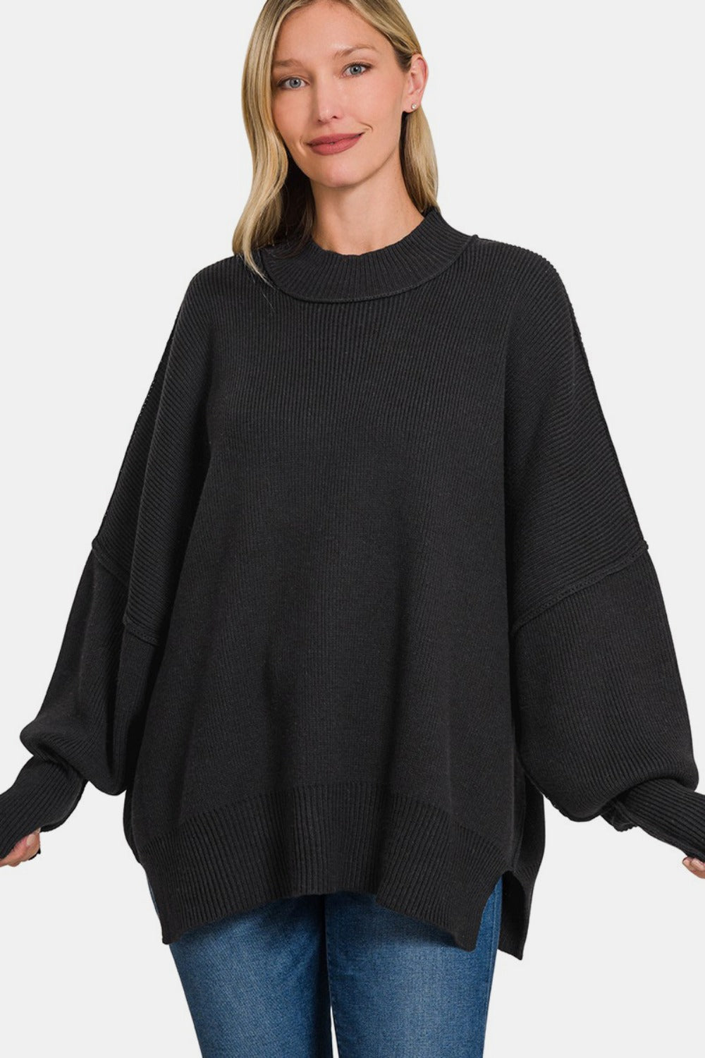 Zenana Side Sit Oversize Sweater-TOPS / DRESSES-[Adult]-[Female]-Black-S/M-2022 Online Blue Zone Planet