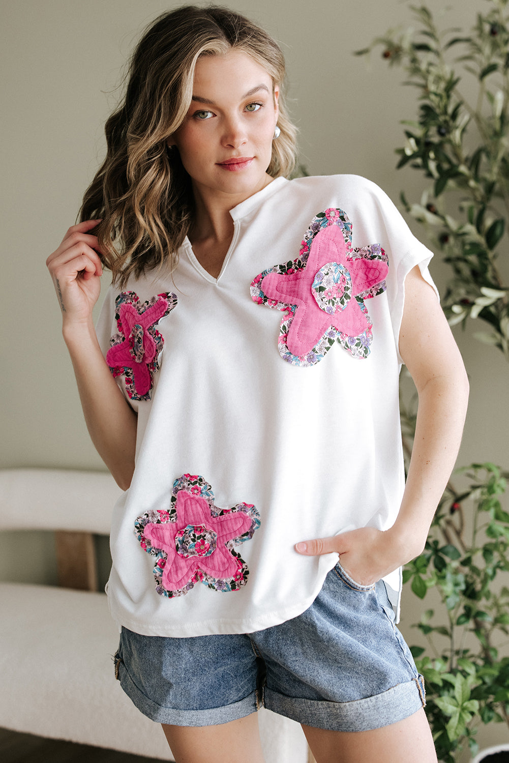 White Floral Applique Notched V Neck Dolman Sleeve Top-Tops/Tops & Tees-[Adult]-[Female]-2022 Online Blue Zone Planet