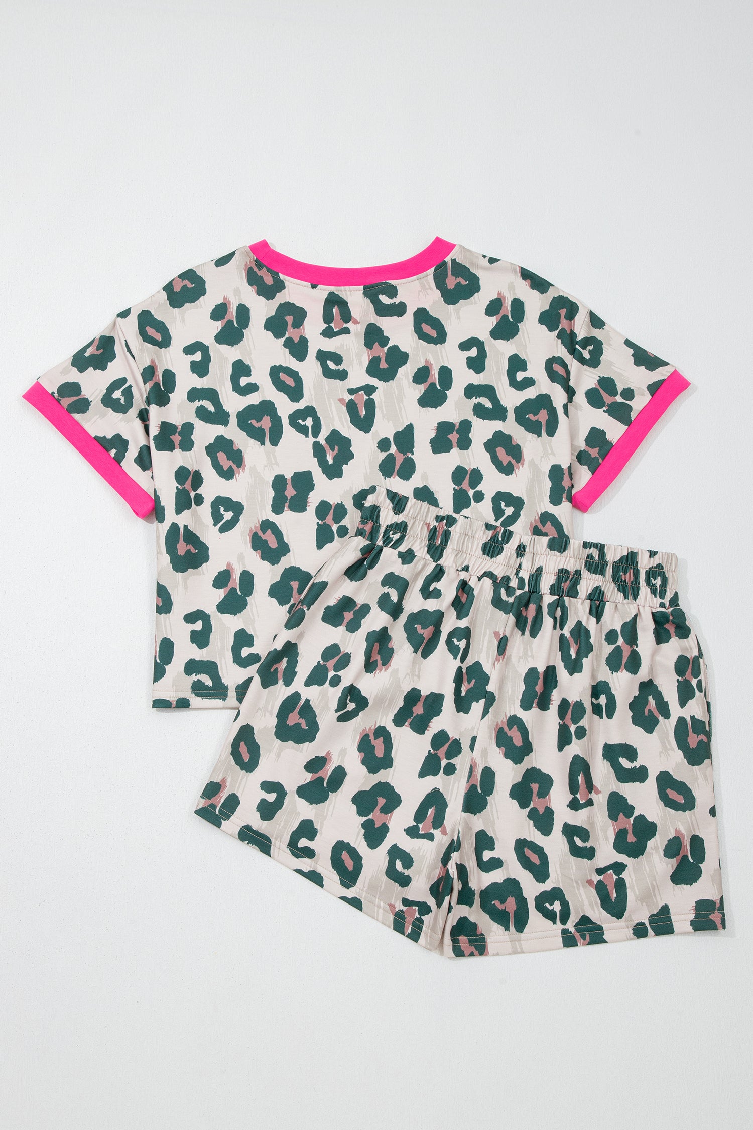 Brown Unique Leopard Print Contrast Trim Top Loose 2pcs Short Set-Two Piece Sets/Short Sets-[Adult]-[Female]-2022 Online Blue Zone Planet