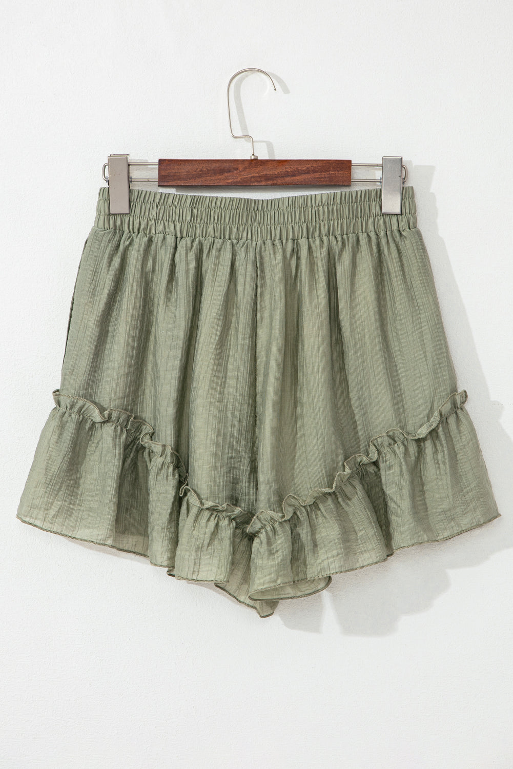 Laurel Green Textured Tie Waist Ruffle Hem Shorts-Bottoms/Casual Shorts-[Adult]-[Female]-2022 Online Blue Zone Planet