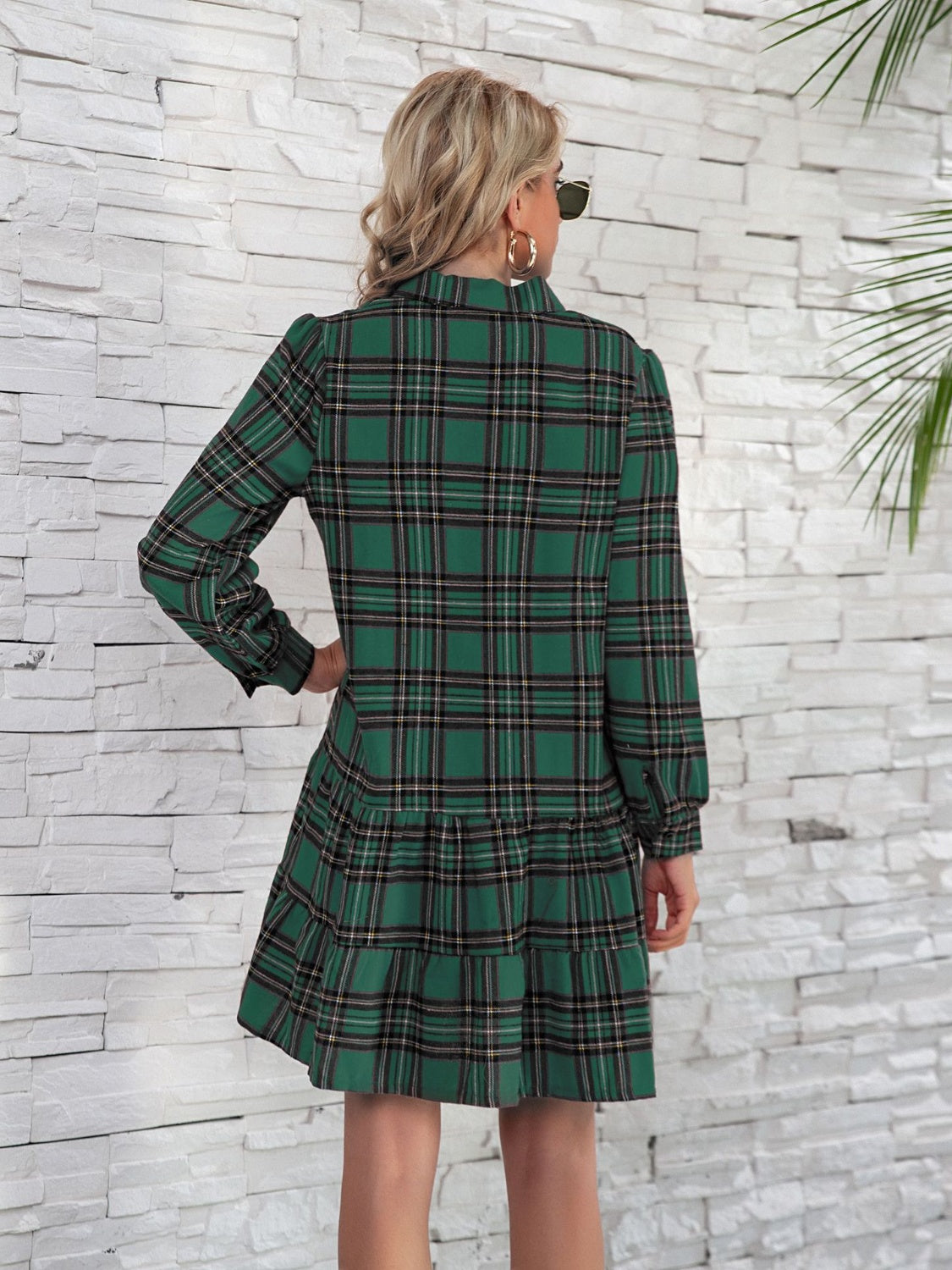 Ruffle Hem Plaid Button Down Long Sleeve Dress-TOPS / DRESSES-[Adult]-[Female]-2022 Online Blue Zone Planet