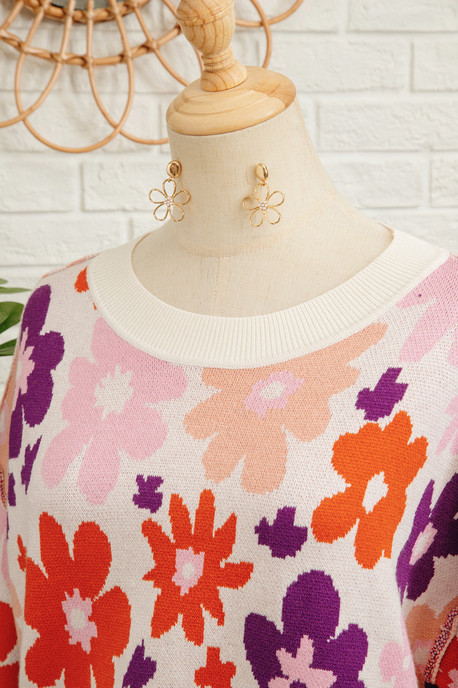 Khaki Fall Floral Pattern Drop Shoulder Sweater-TOPS / DRESSES-[Adult]-[Female]-2022 Online Blue Zone Planet