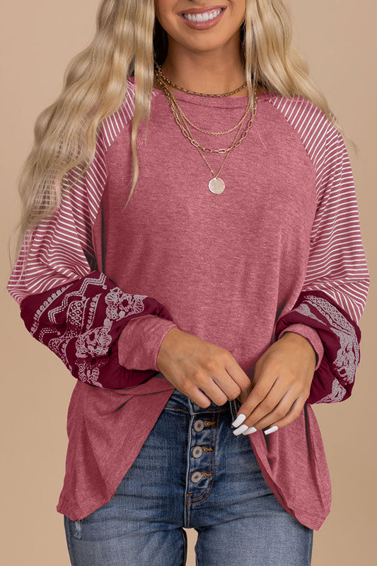Mineral Red Contrast Print Striped Raglan Long Sleeve Loose Top-Tops/Long Sleeve Tops-[Adult]-[Female]-Mineral Red-S-2022 Online Blue Zone Planet