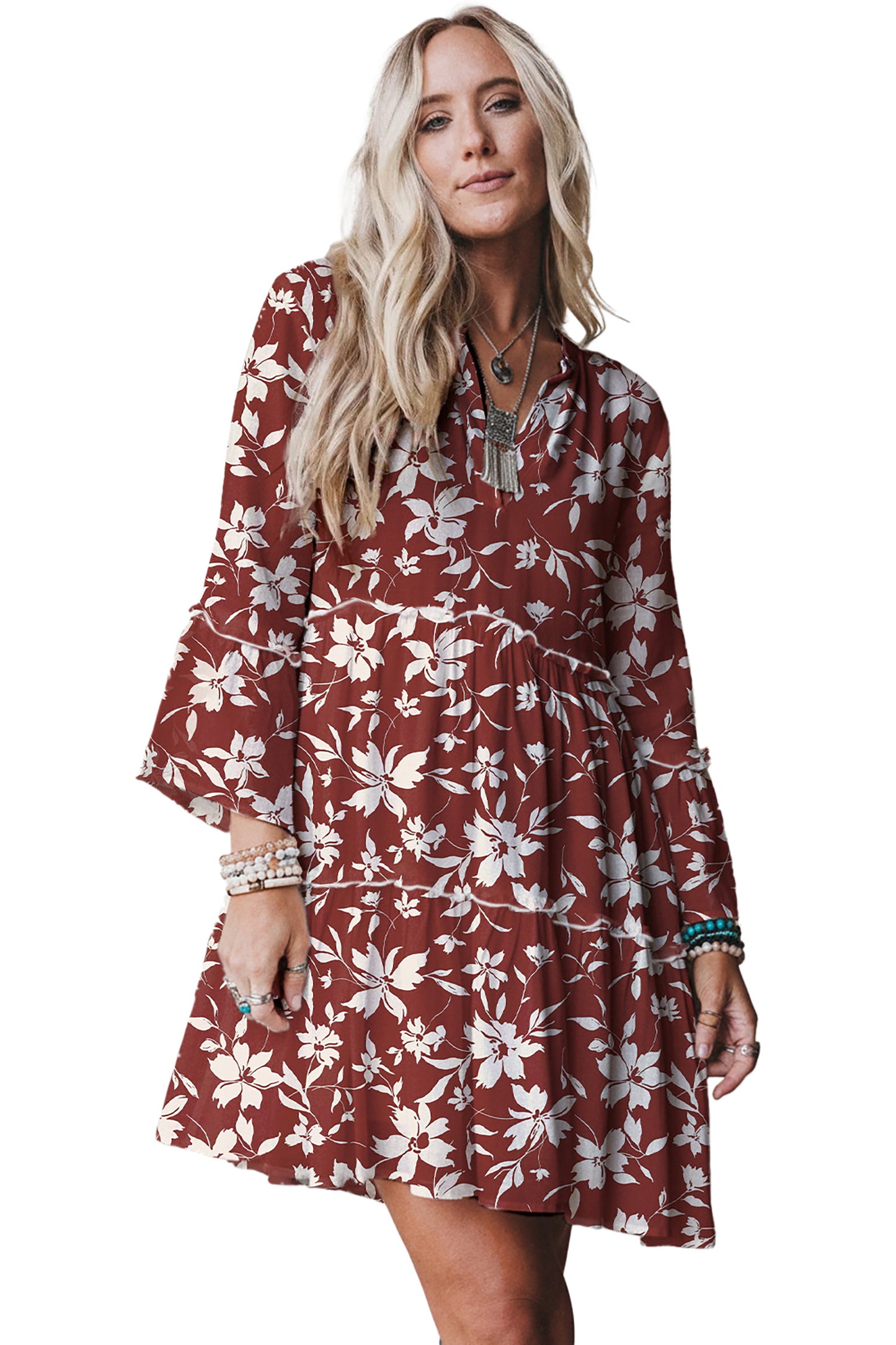 Red Boho Floral Print Lettuce Trim 3/4 Sleeve Mini Dress-Dresses/Floral Dresses-[Adult]-[Female]-2022 Online Blue Zone Planet