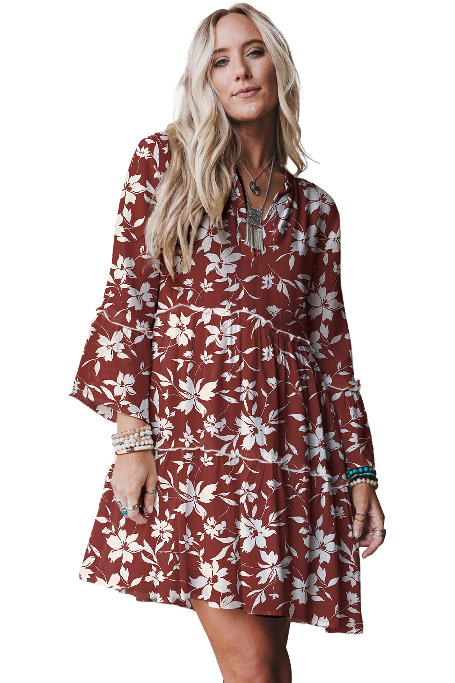 Red Boho Floral Print Lettuce Trim 3/4 Sleeve Mini Dress-Dresses/Floral Dresses-[Adult]-[Female]-2022 Online Blue Zone Planet