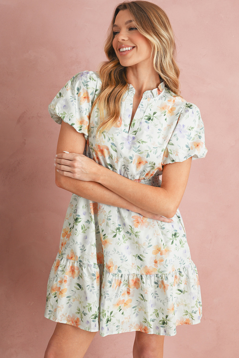 Beige Floral Print Smocked High Waist Puff Sleeve Mini Dress-TOPS / DRESSES-[Adult]-[Female]-2022 Online Blue Zone Planet