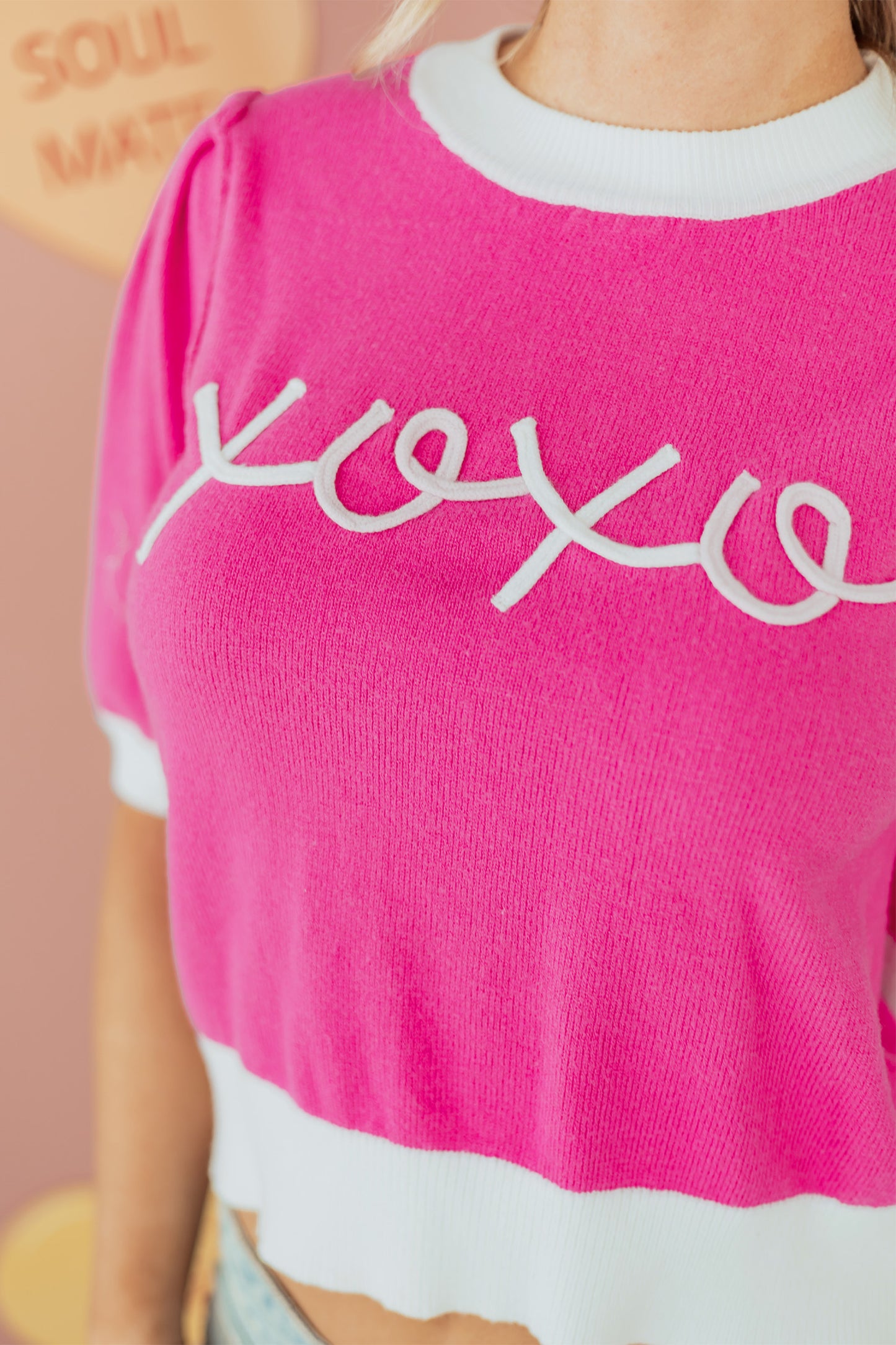 Bright Pink XOXO Embroidered Graphic Valentines Contrast Trim Crew Neck Short Puff Sleeve Sweater Tee-TOPS / DRESSES-[Adult]-[Female]-2022 Online Blue Zone Planet