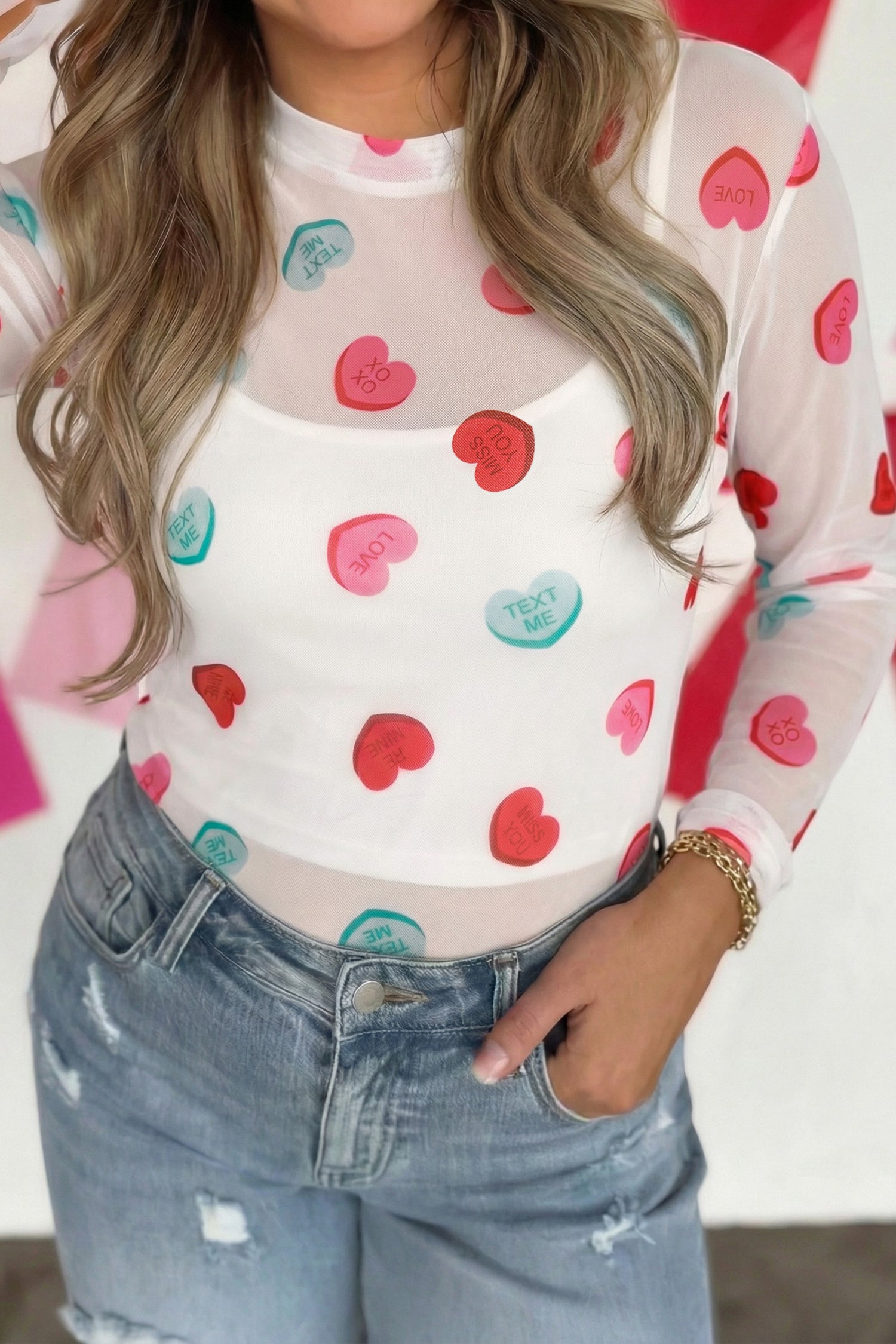 White Sheer Mesh Valentines Slogan Heart Printed Long Sleeve Top-Tops/Long Sleeve Tops-[Adult]-[Female]-White-S-2022 Online Blue Zone Planet