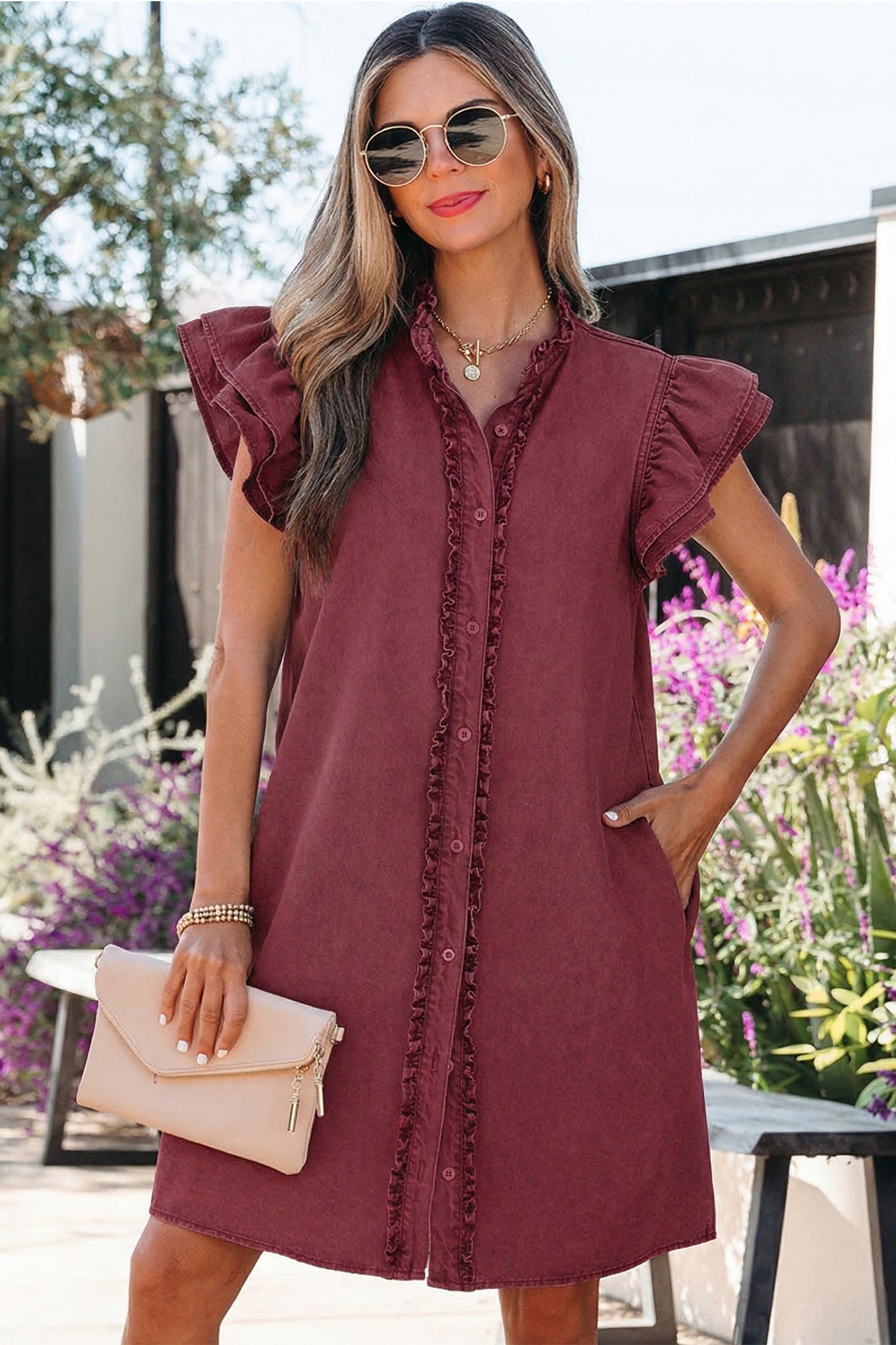 Red Sandalwood Frilled Detail Button Down Ruffle Short Sleeve Denim Mini Dress-Dresses/Mini Dresses-[Adult]-[Female]-Red Sandalwood-S-2022 Online Blue Zone Planet