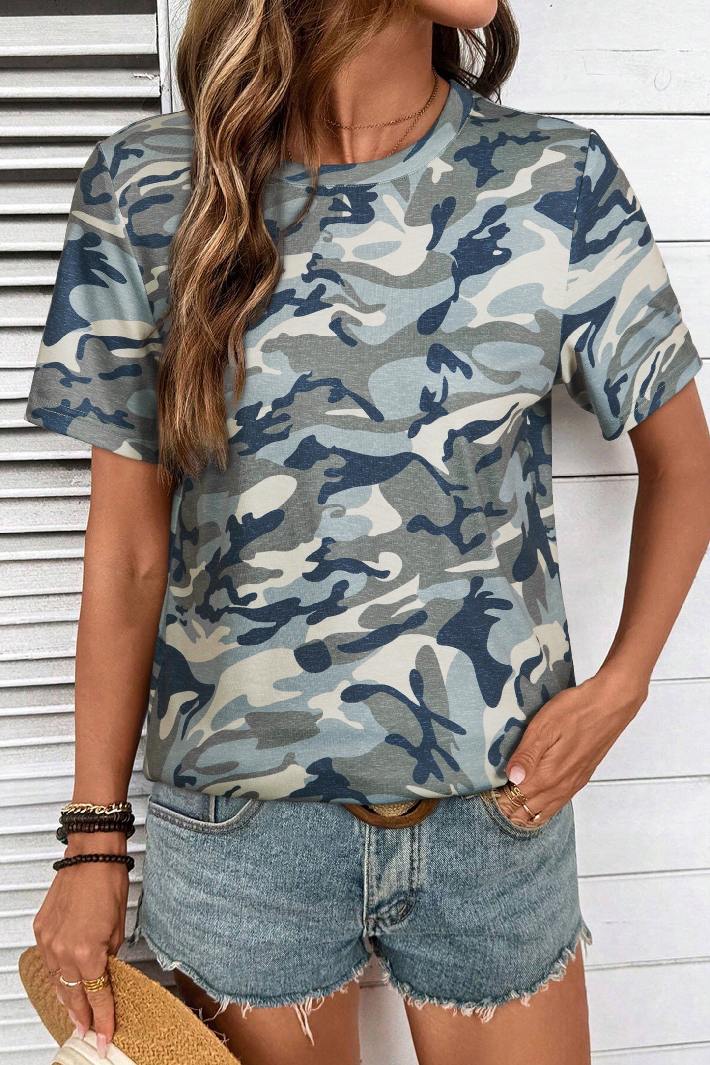 Green Camouflage Print Crew Neck T Shirt-Tops/Tops & Tees-[Adult]-[Female]-Green-S-2022 Online Blue Zone Planet