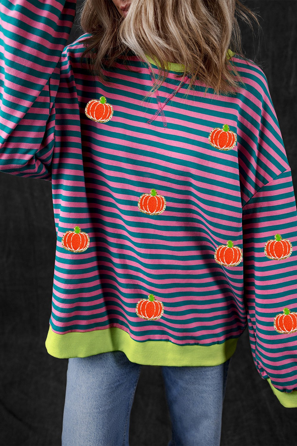 Blue Zone Planet | Pumpkin Striped Long Sleeve Sweatshirt-TOPS / DRESSES-[Adult]-[Female]-2022 Online Blue Zone Planet