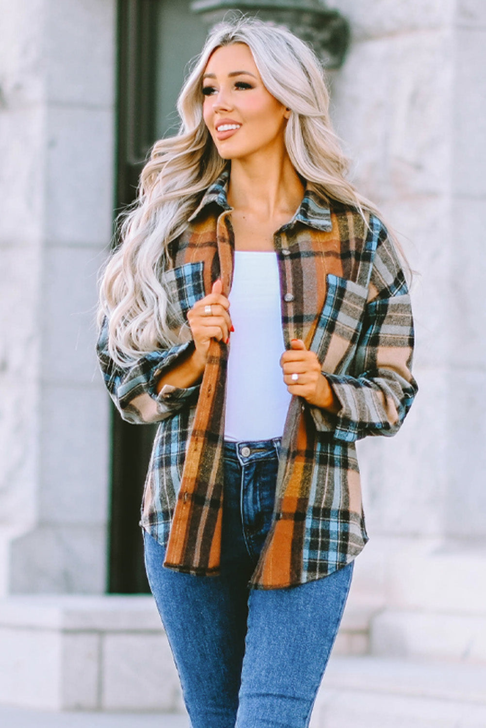 Brown Plaid Color Block Buttoned Shirt with Pockets-Tops/Blouses & Shirts-[Adult]-[Female]-2022 Online Blue Zone Planet