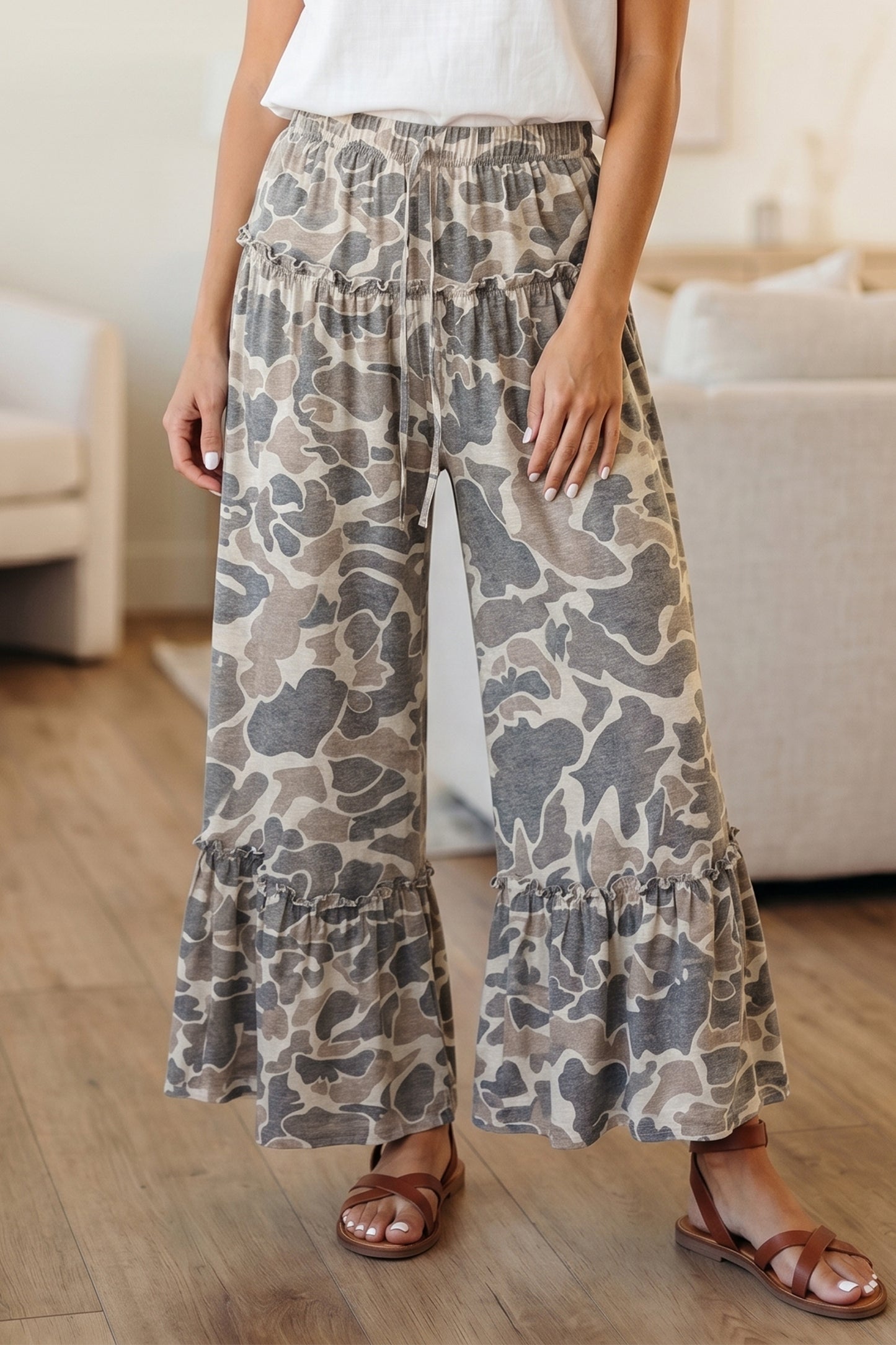 Multicolour Camo Print Wide Leg Casual Pants-Bottoms/Pants & Culotte-[Adult]-[Female]-Multicolour-S-2022 Online Blue Zone Planet