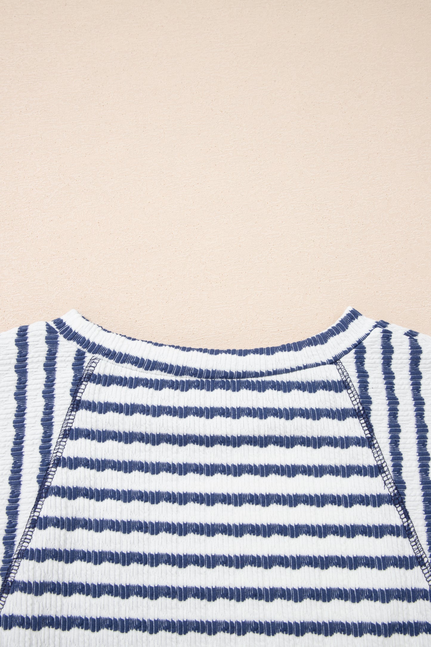 Blue Stripe Textured Knit Split Hem Half Sleeve Loose Top-Tops/Tops & Tees-[Adult]-[Female]-2022 Online Blue Zone Planet