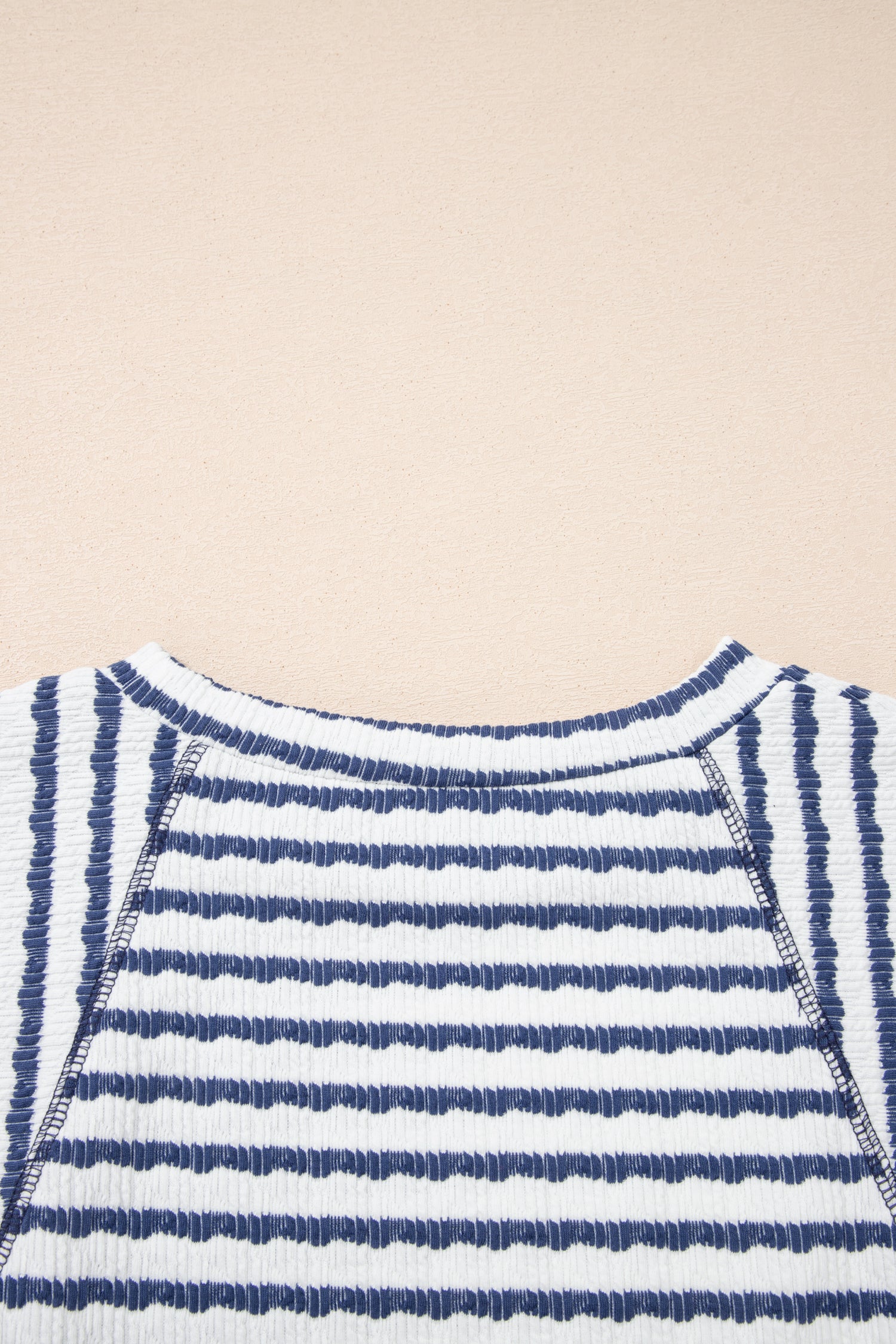 Blue Stripe Textured Knit Split Hem Half Sleeve Loose Top-Tops/Tops & Tees-[Adult]-[Female]-2022 Online Blue Zone Planet