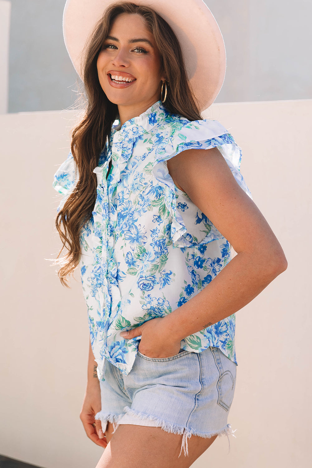 Sky Blue Floral Print Ruffle Sleeve Frilly Button Up Shirt-Tops/Blouses & Shirts-[Adult]-[Female]-2022 Online Blue Zone Planet