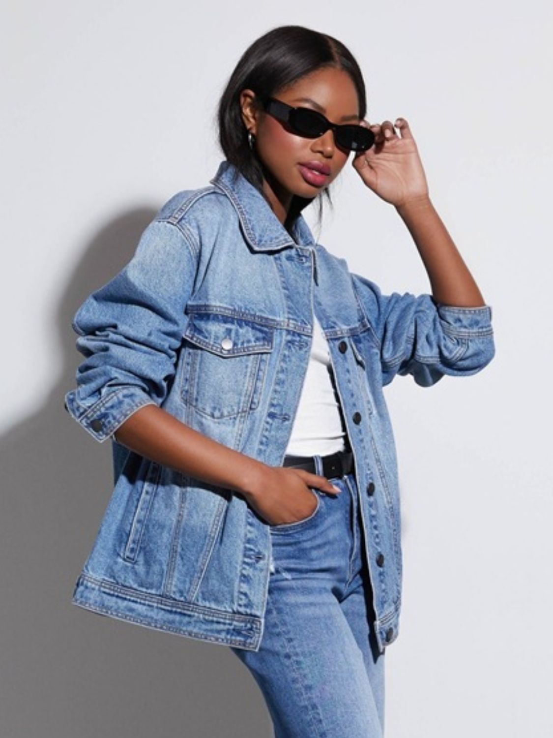 Button Up Collared Neck Denim Jacket-TOPS / DRESSES-[Adult]-[Female]-2022 Online Blue Zone Planet